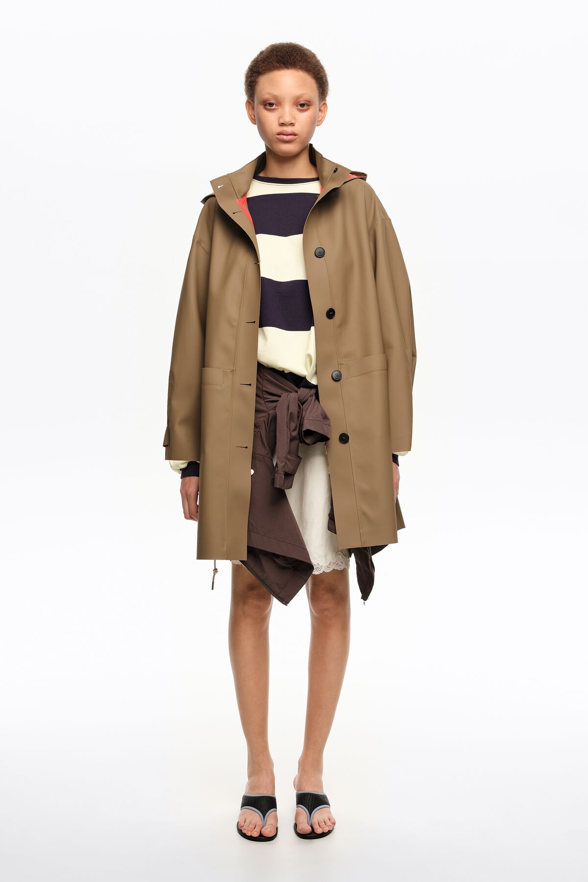 Dark camel rubberized A-line trench