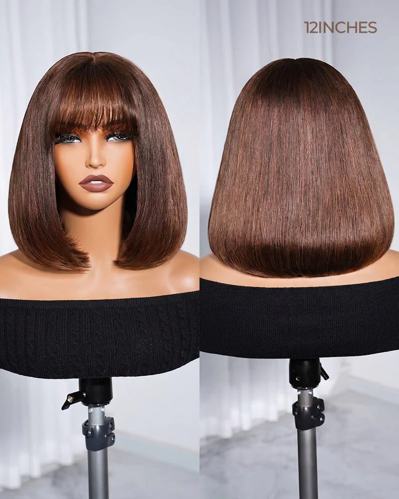Ophirawig 6x6 Lace Straight Bob Wig With Bangs Chocolate Brown Glueless Beginner Friendly