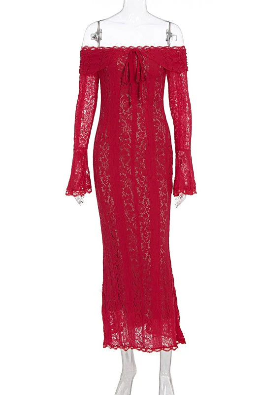 Red Lace Off-the-shoulder Long Dress