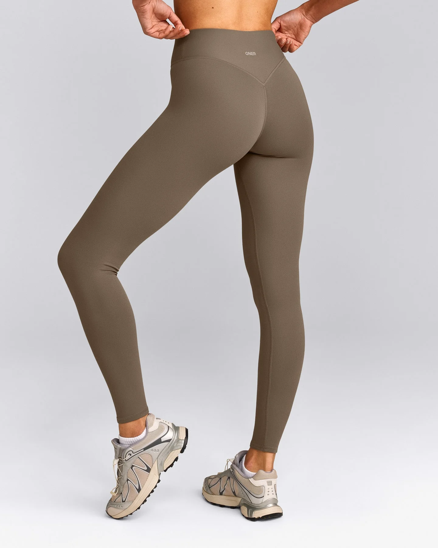 SoftMotion™ High Waisted Leggings with Grey Logo | Moss Brown