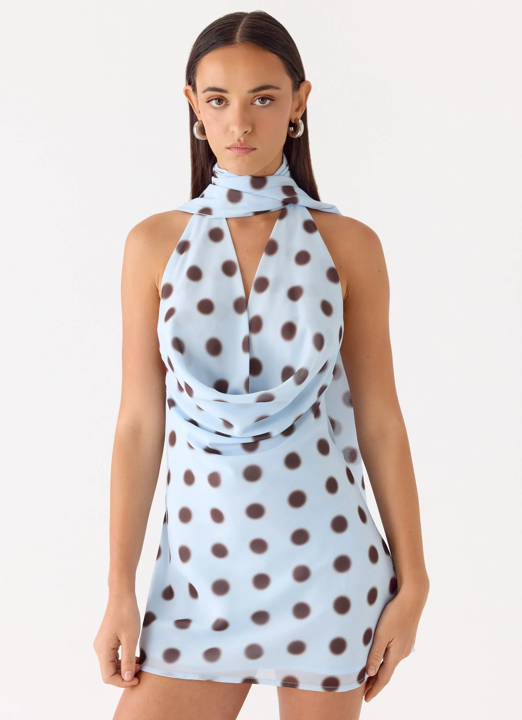 Get Me Halter Mini Dress - Blue Mocha Dot
