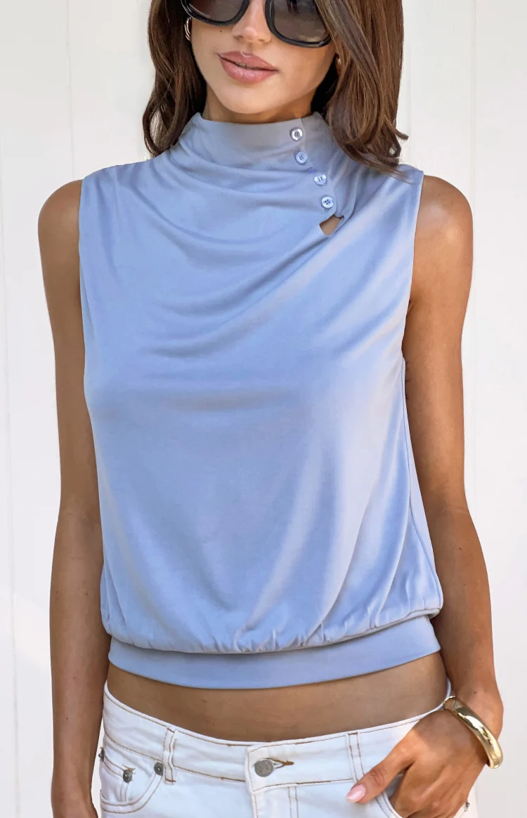 Indie Dusty Blue Keyhole Button Top