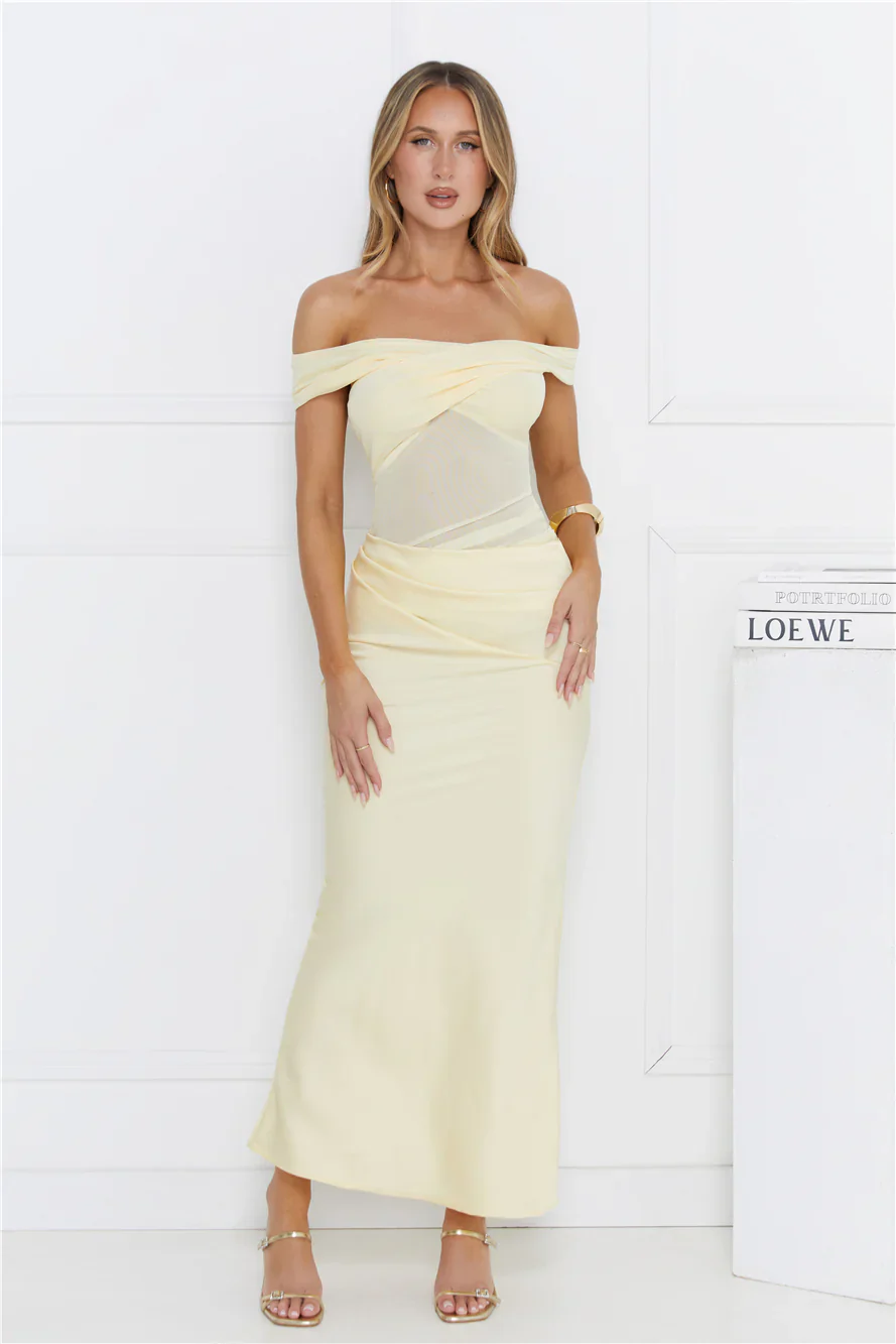Silent Dreams Mesh Satin Off Shoulder Maxi Dress Yellow
