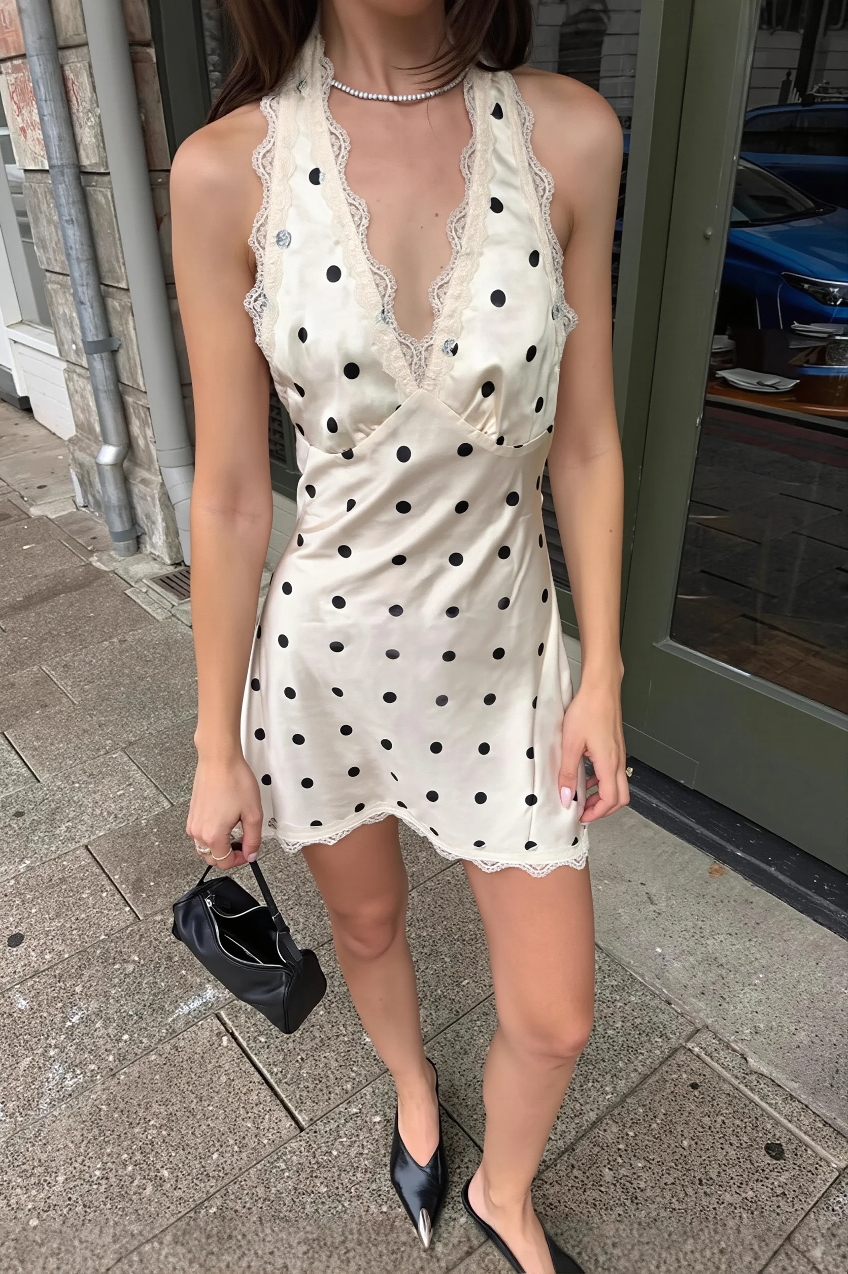 Polka Dot Halter V Neck Cutout Back Mini Dress