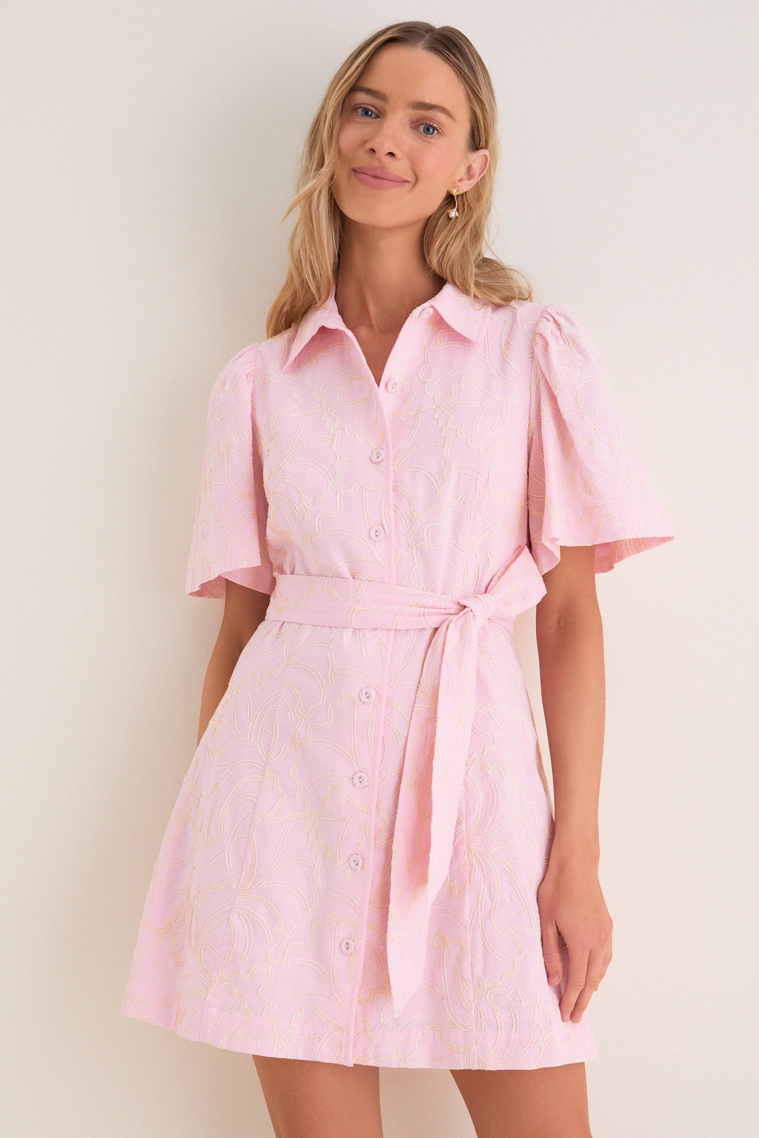 Light Pink Embroidered Gingko Leaf Peppa Mini Dress