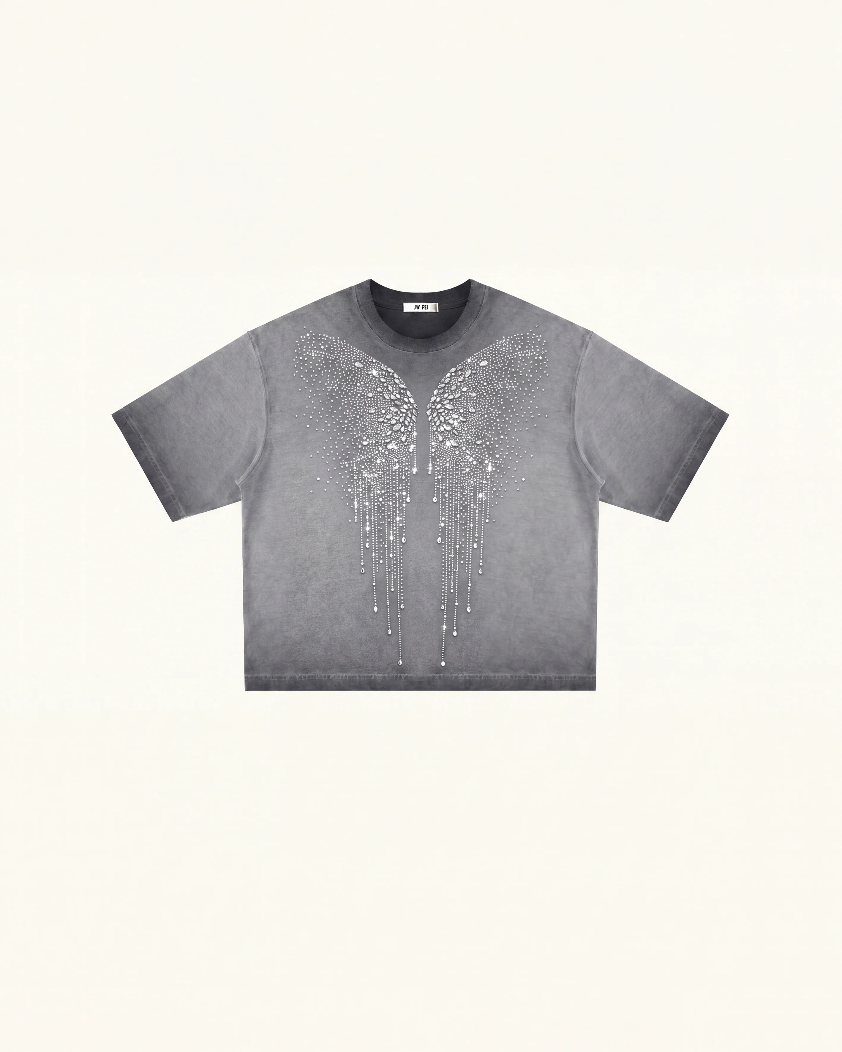 The Angelic Dripping Crystal Wings Tee - Washed Grey