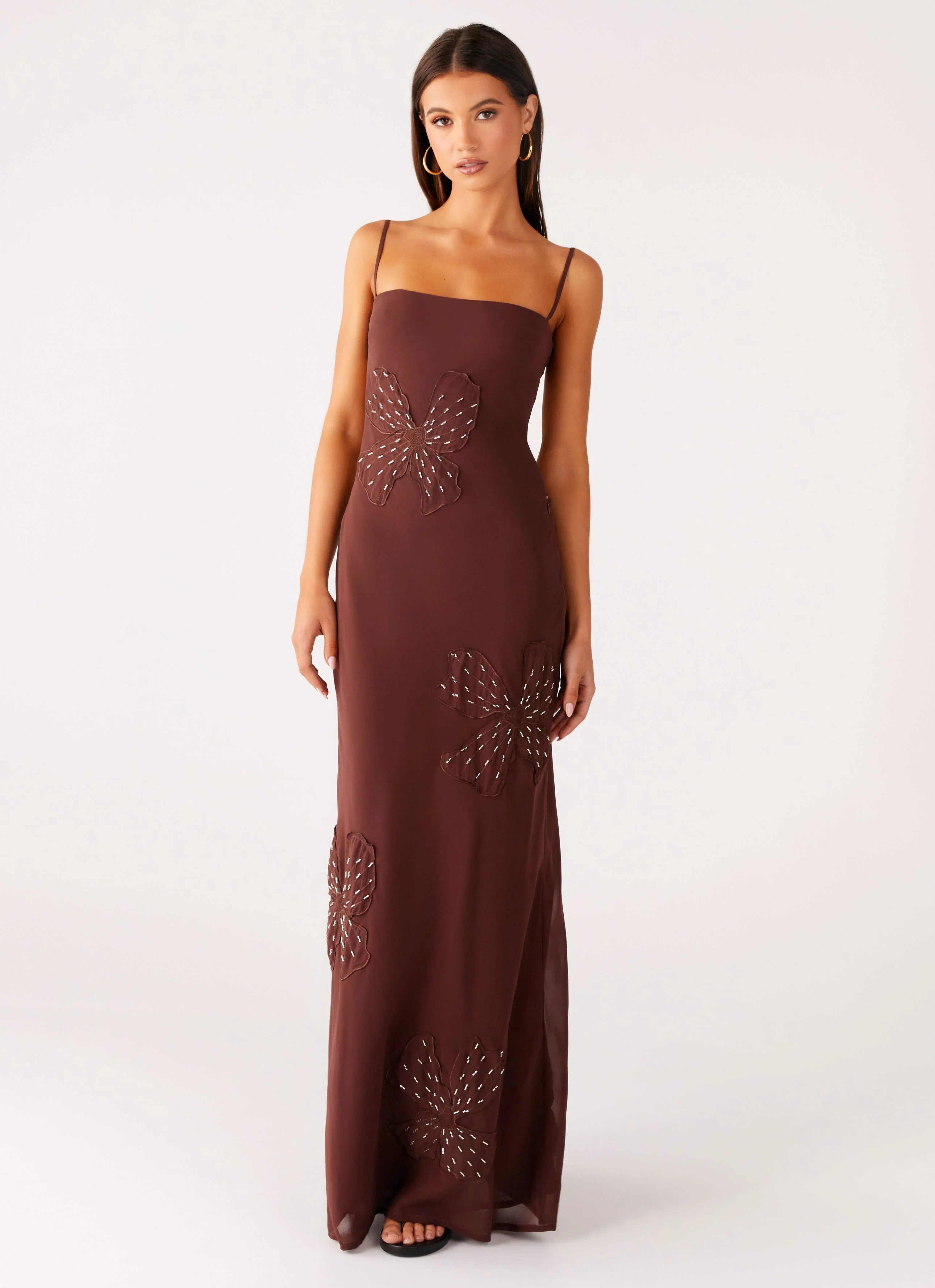 Bayla Beaded Flower Maxi Dress - Chocolate