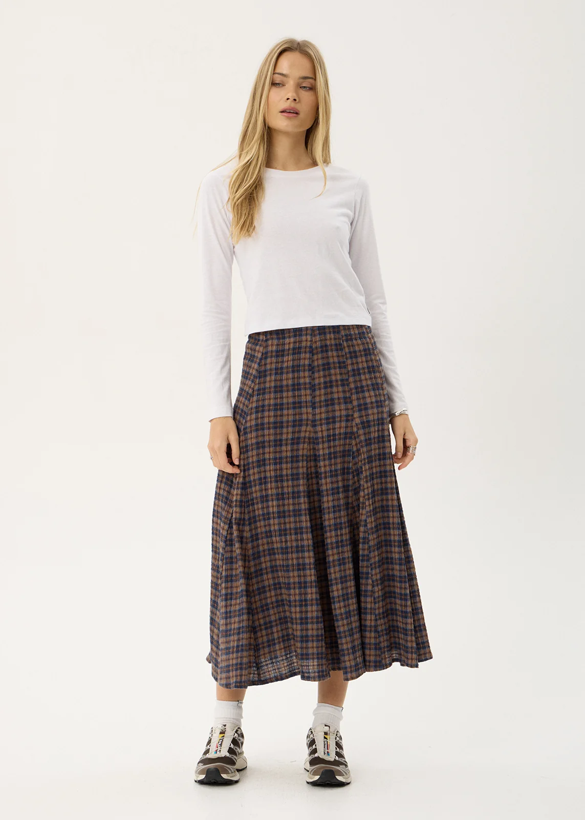 AFENDS Womens Lana - Seersucker Midi Skirt - Shev Indigo Check