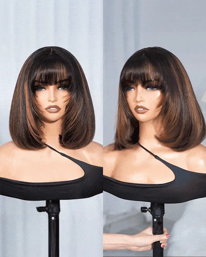 Ophirawig 6x6 Lace Auburn Highlights On Black Hair Straight Bob Wig with Bangs 100% Human Hair Wig