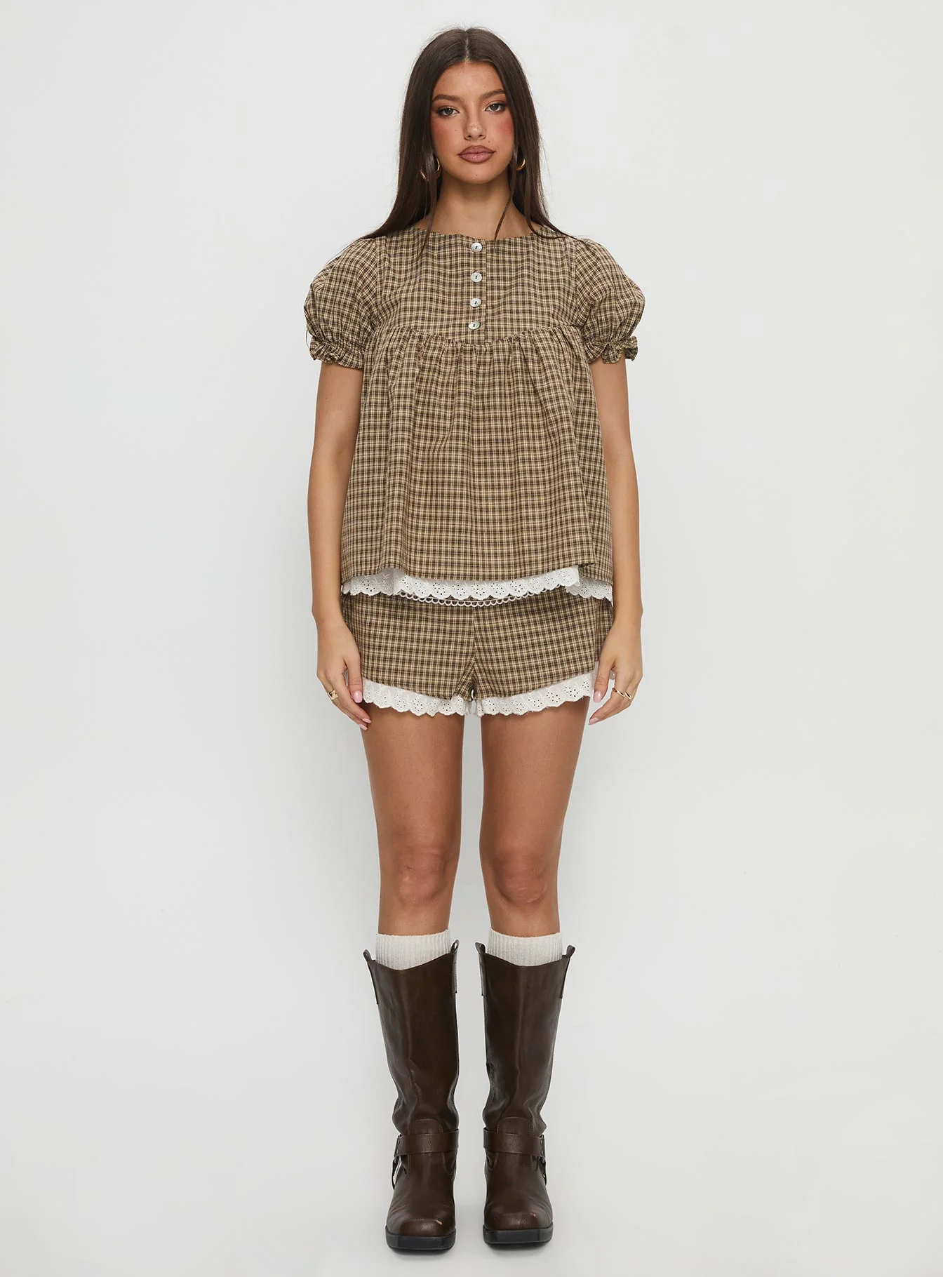 Chandelier Babydoll Top Brown Check