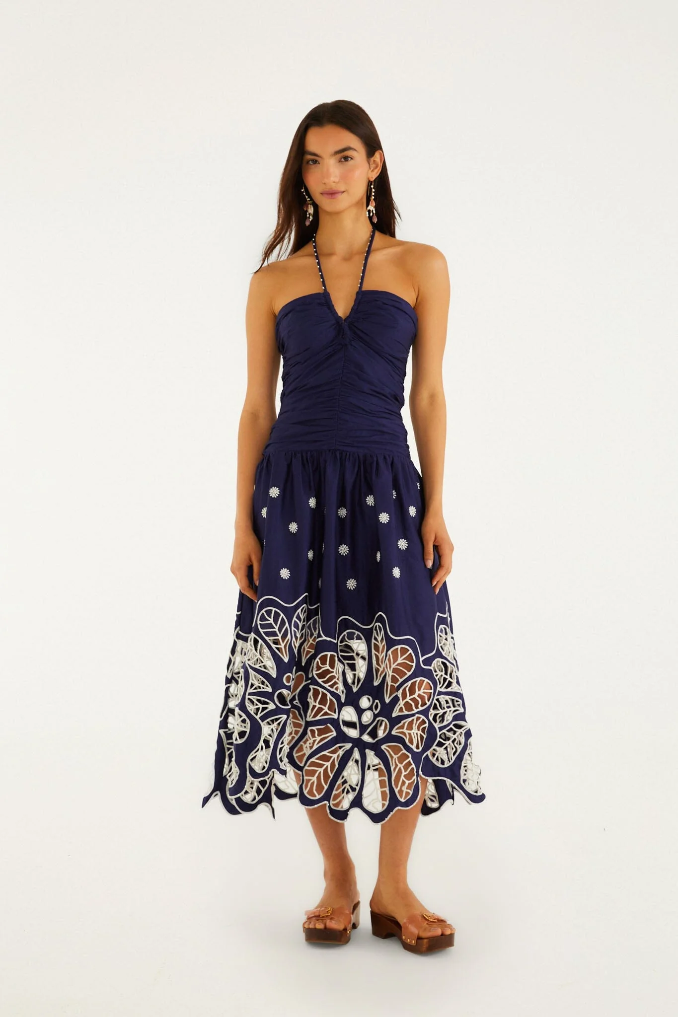 Navy Blue Embroidered Richelieu Midi Dress