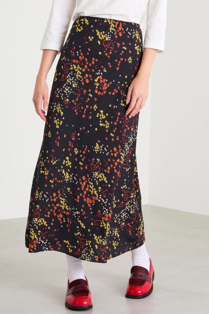 Crepe de chine midi skirt - BLACK