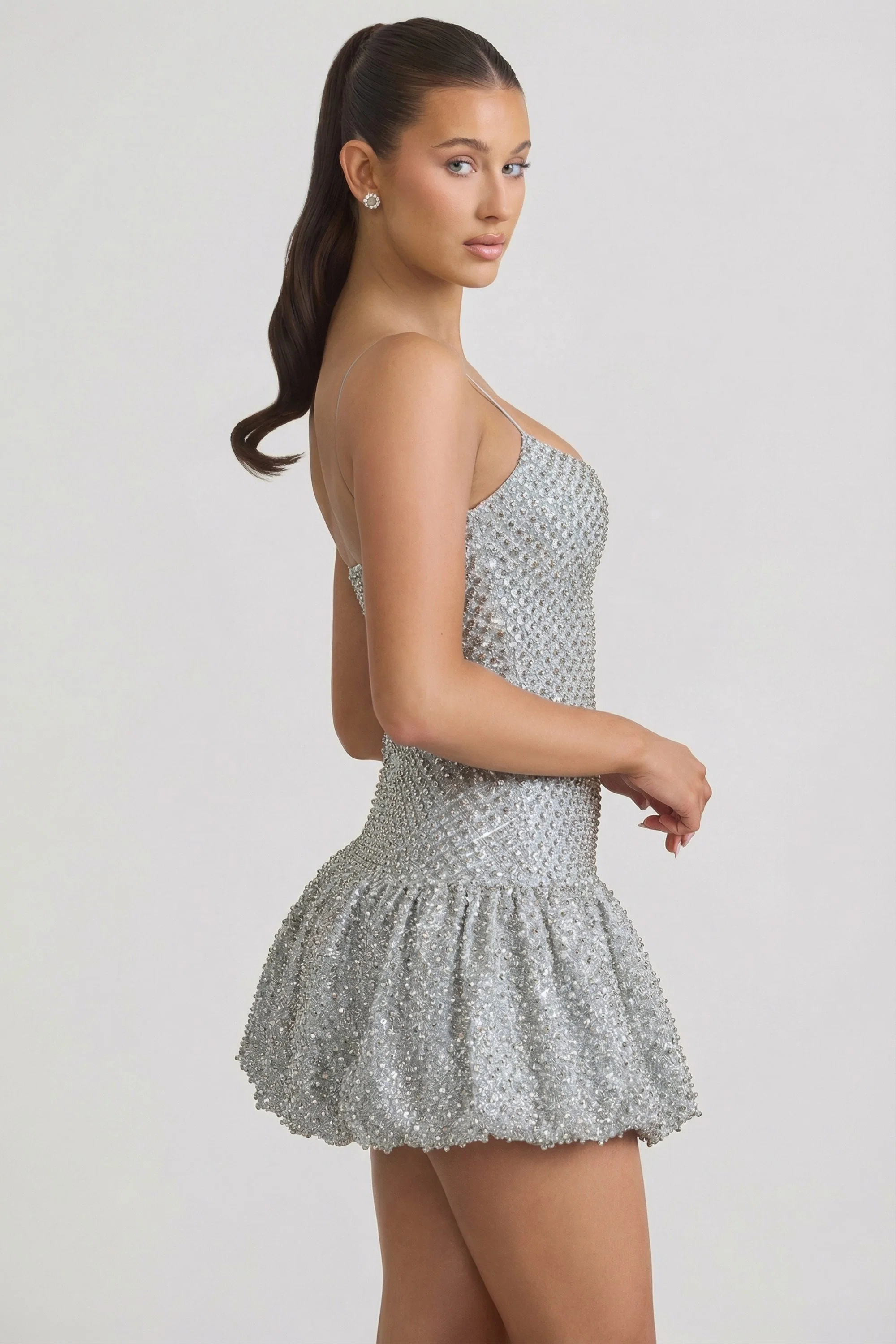 Embellished Bubble Hem Mini Dress in Silver