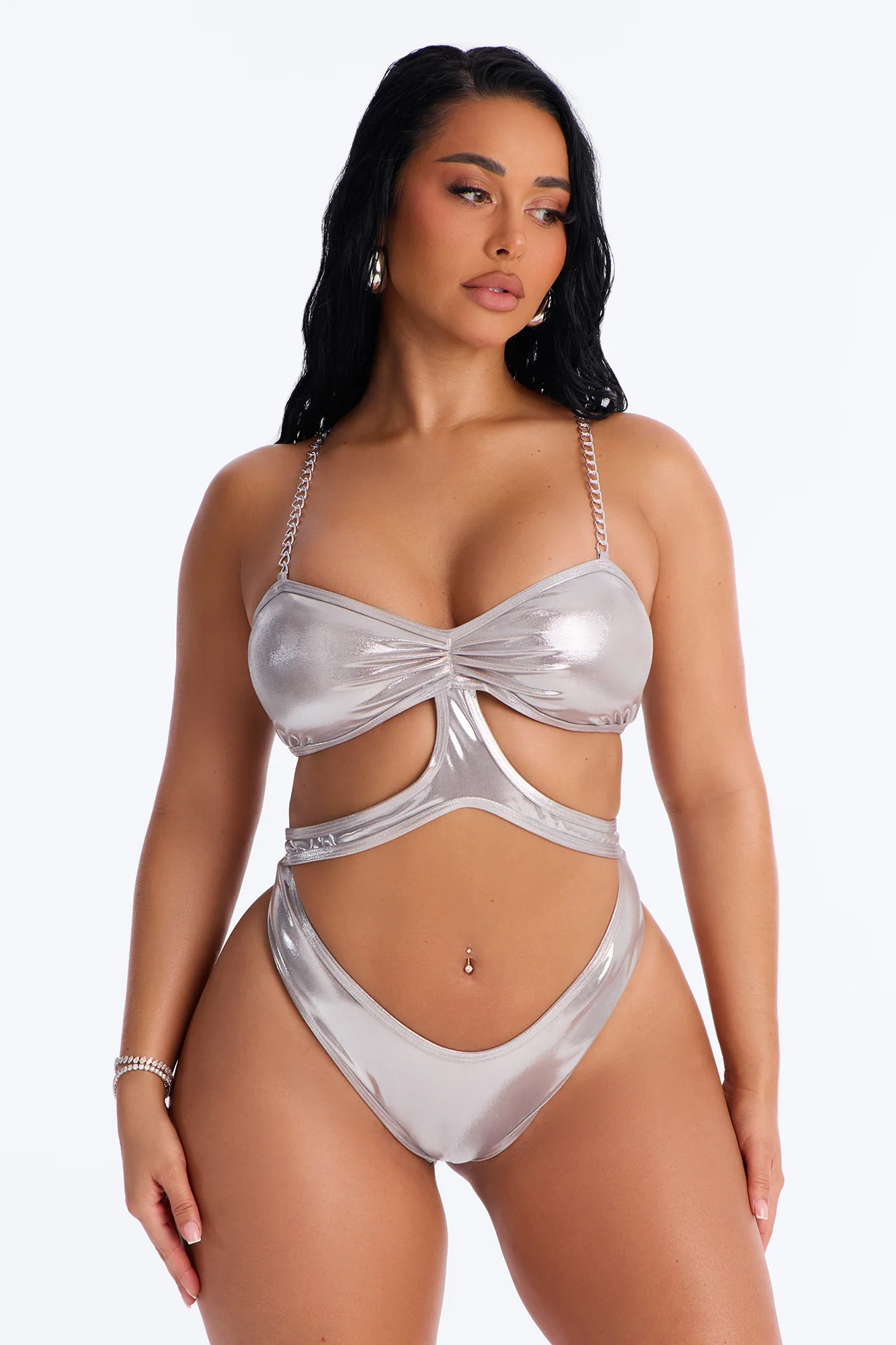 Ocean Breeze Metallic Cut Out 1 Piece Swimsuit - Silver