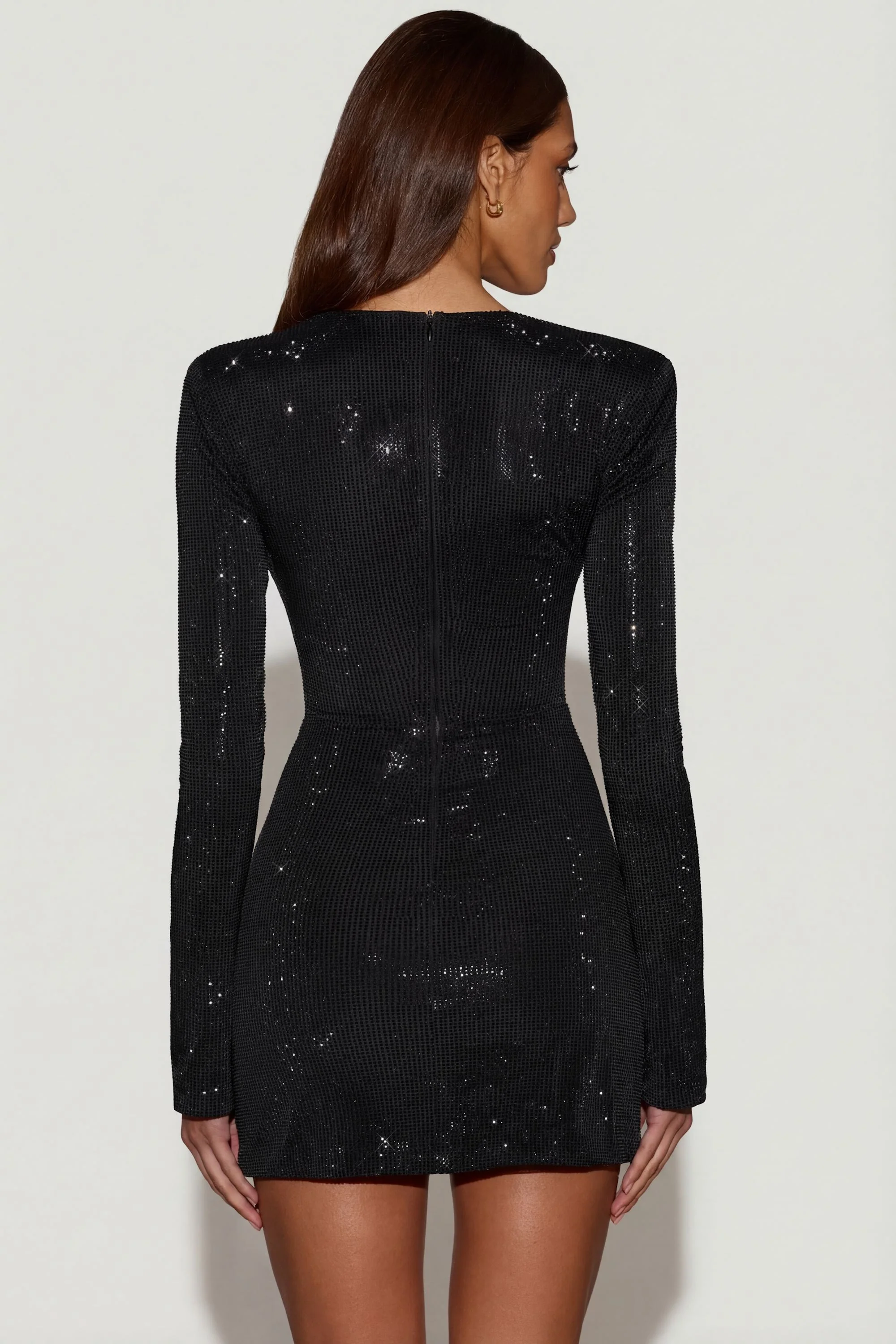 Embellished Asymmetric Bodycon Mini Dress in Black