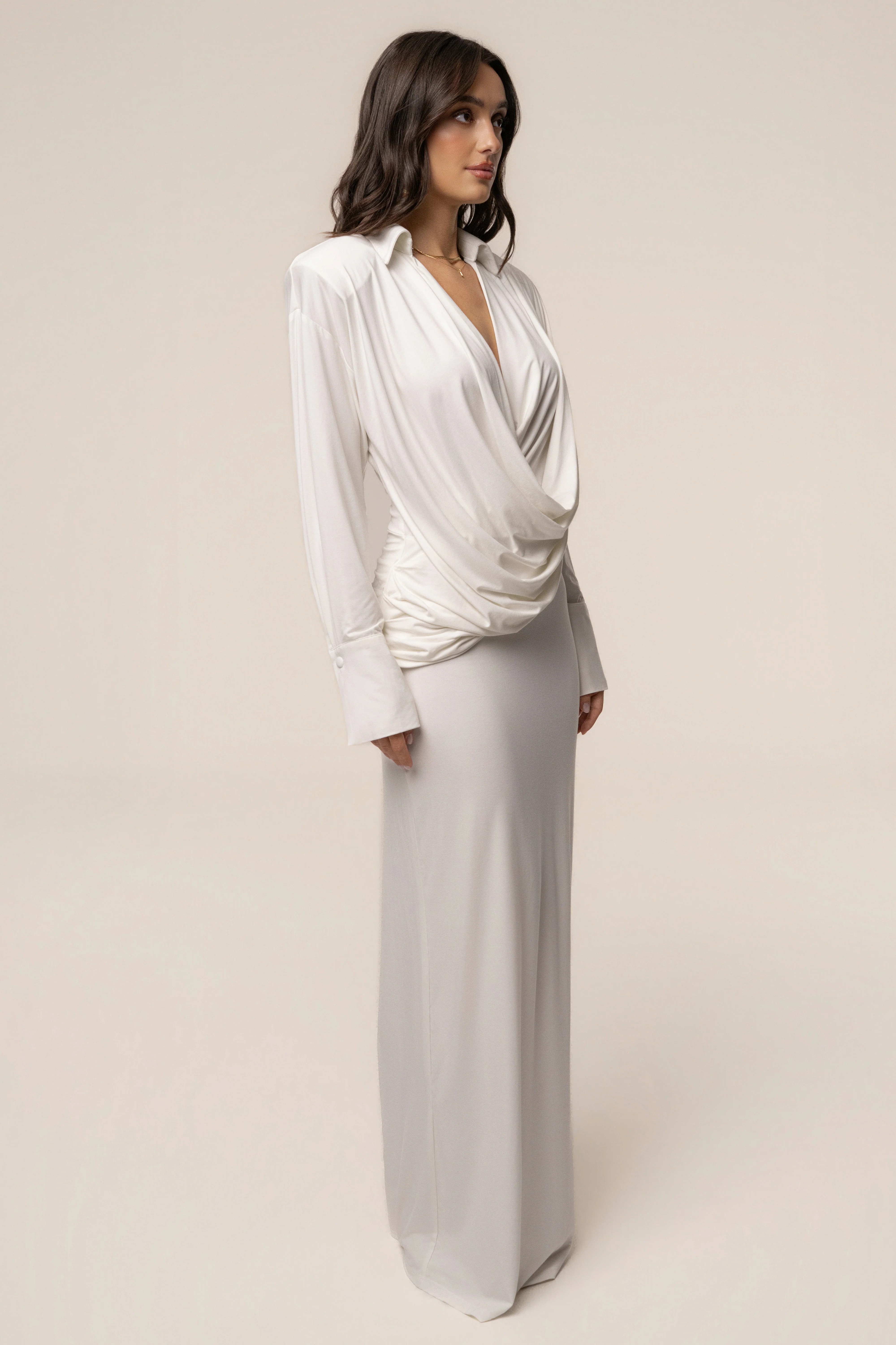 Ivory Poise Draped Maxi Dress