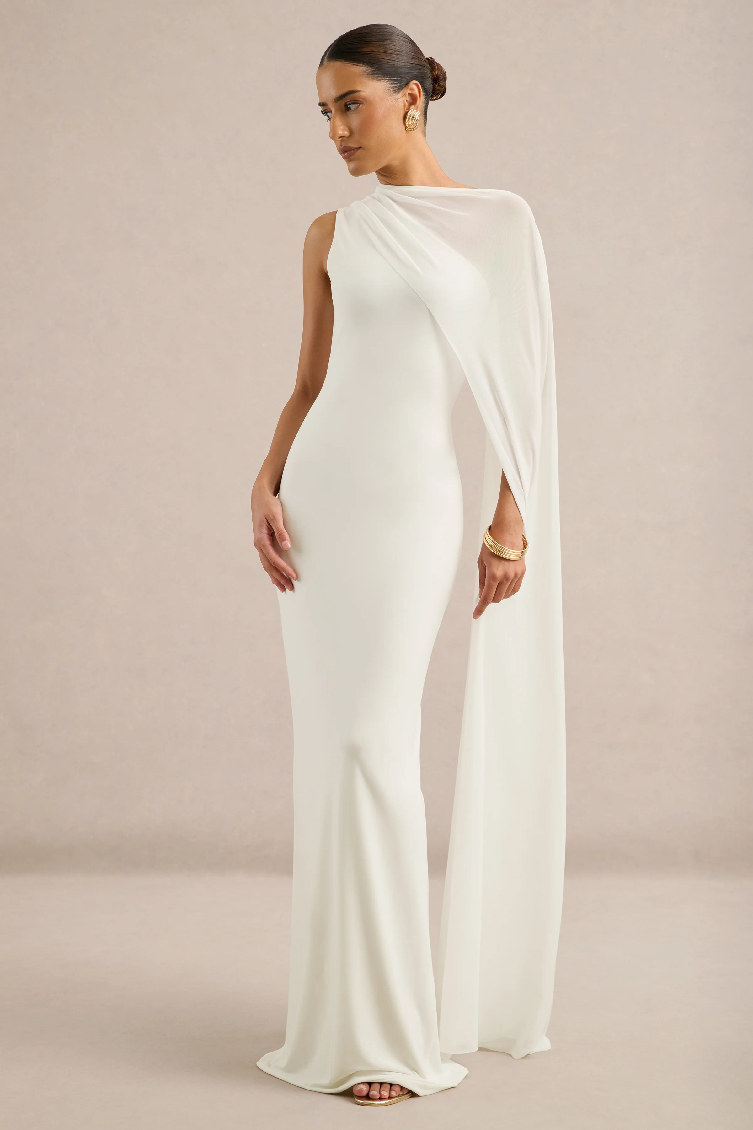 Mirelle | White Jersey Boat Neck Maxi Dress With Mesh Cape And Back Split