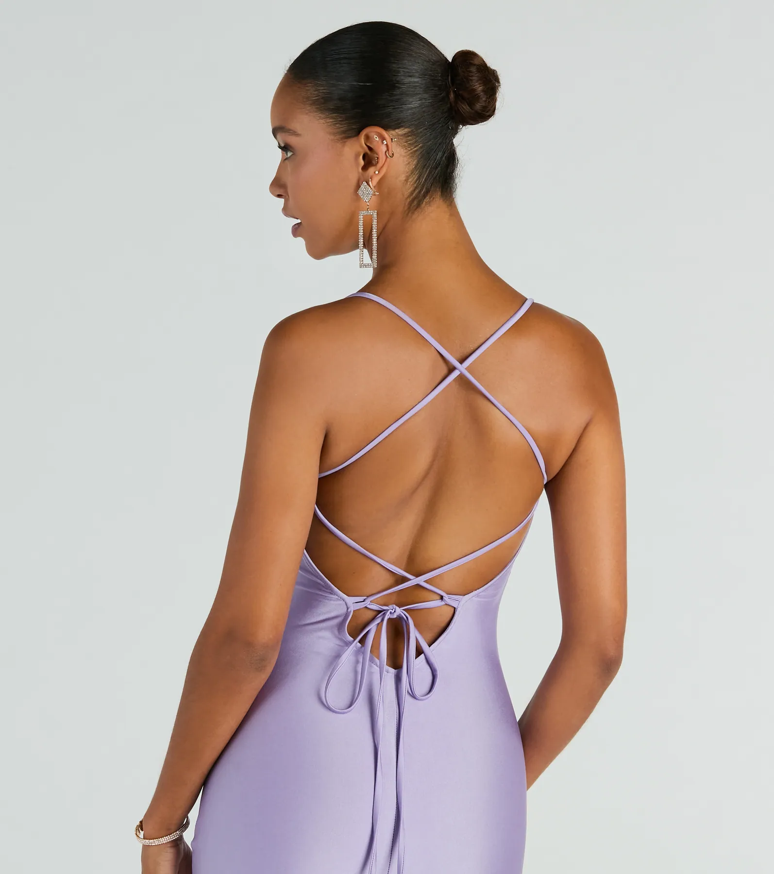 Natalie Cowl Neck Lace-Up Slit Column Dress