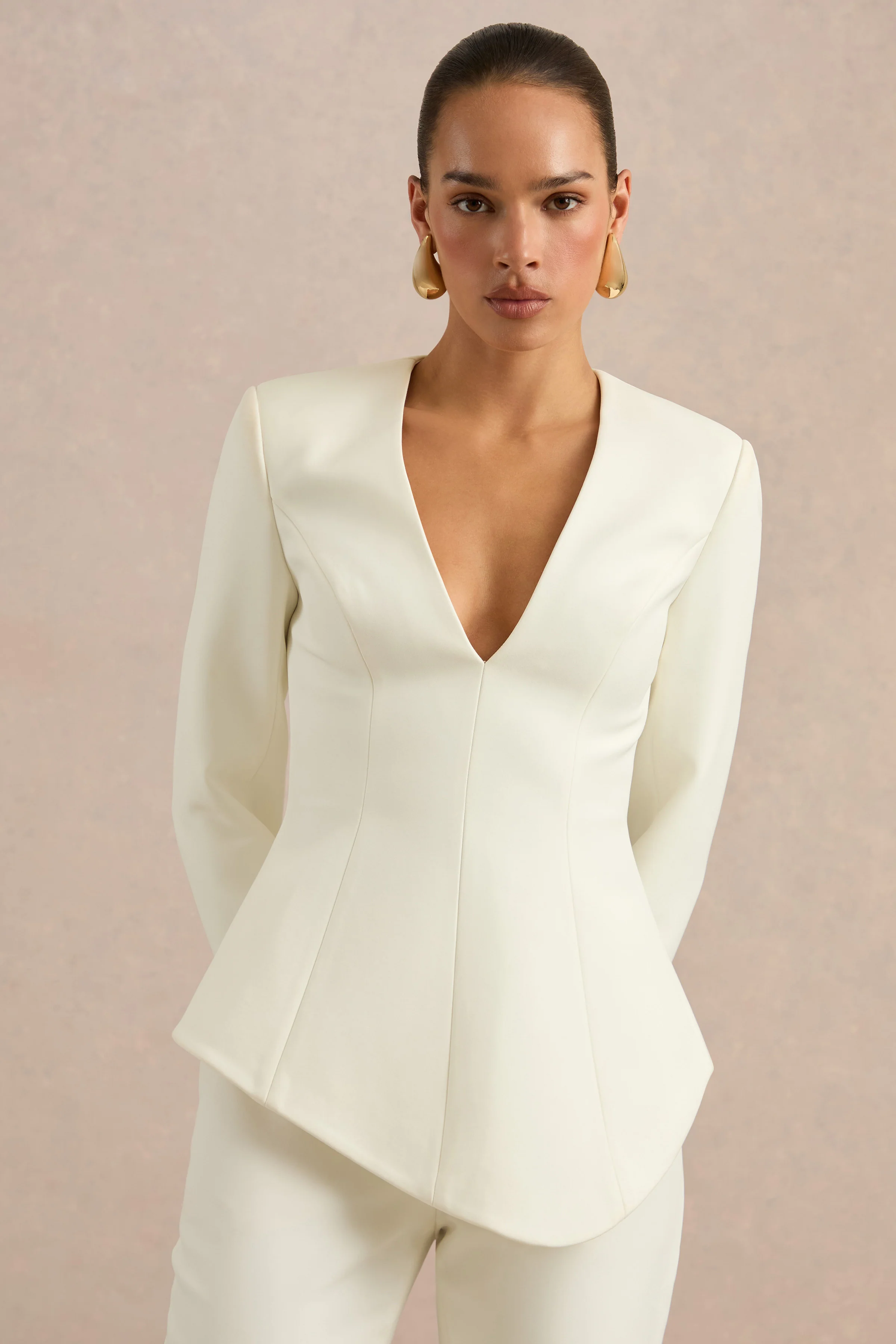 Ysabel | Cream Plunge Tailored Long Sleeve Top