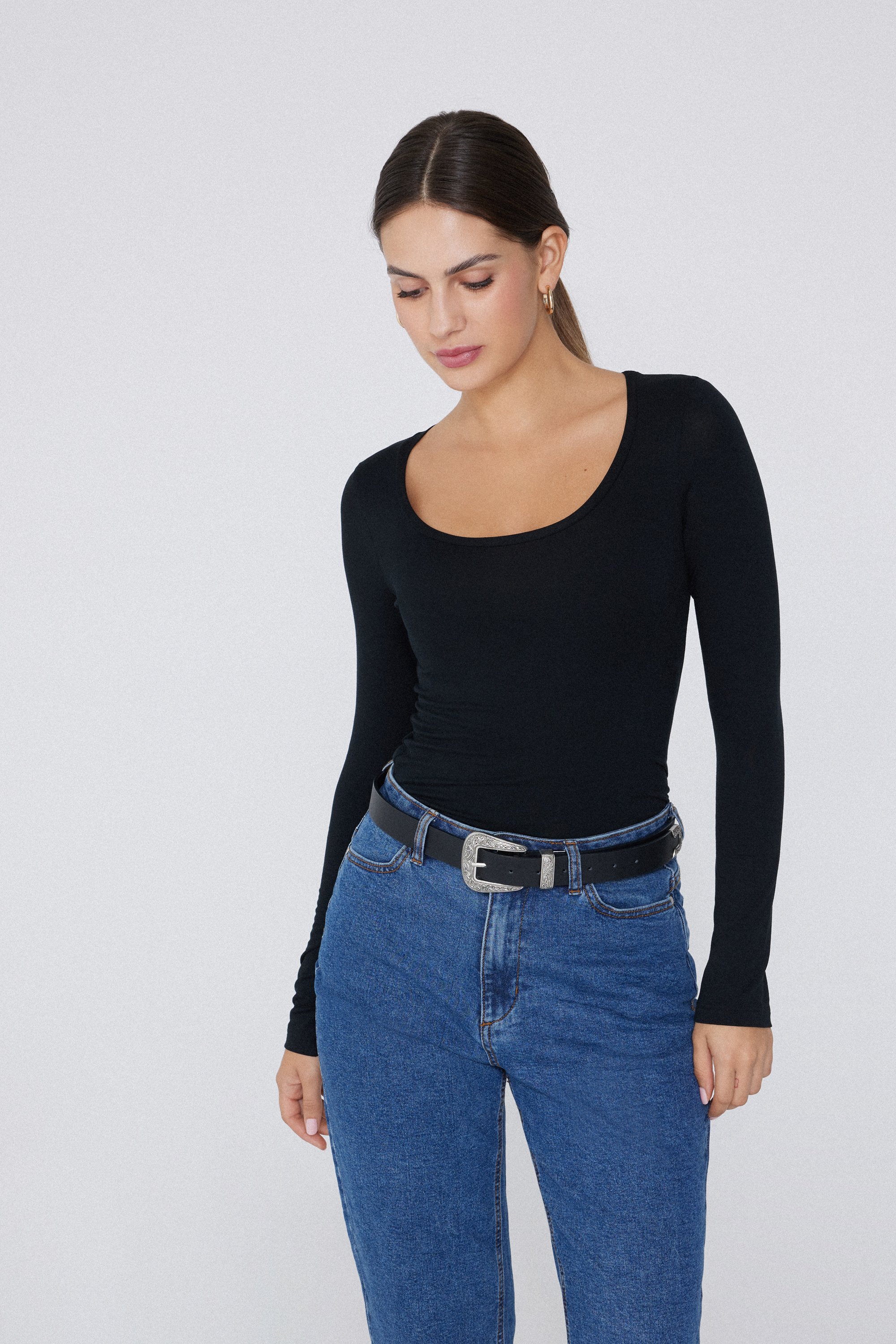 Long Sleeve Viscose Scoop Neck Top