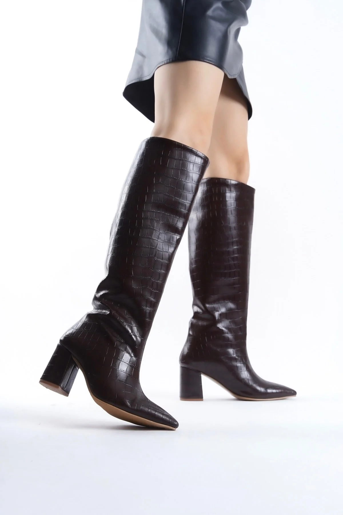 Brown Crocodile Effect Knee Block Heel High Boots