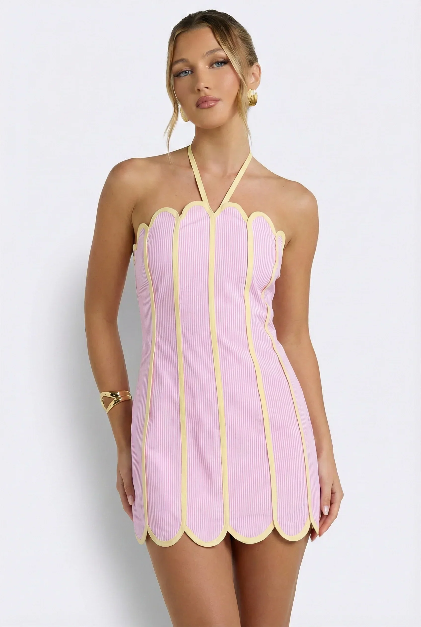 Lenny Scalloped Linen Halter Mini Dress