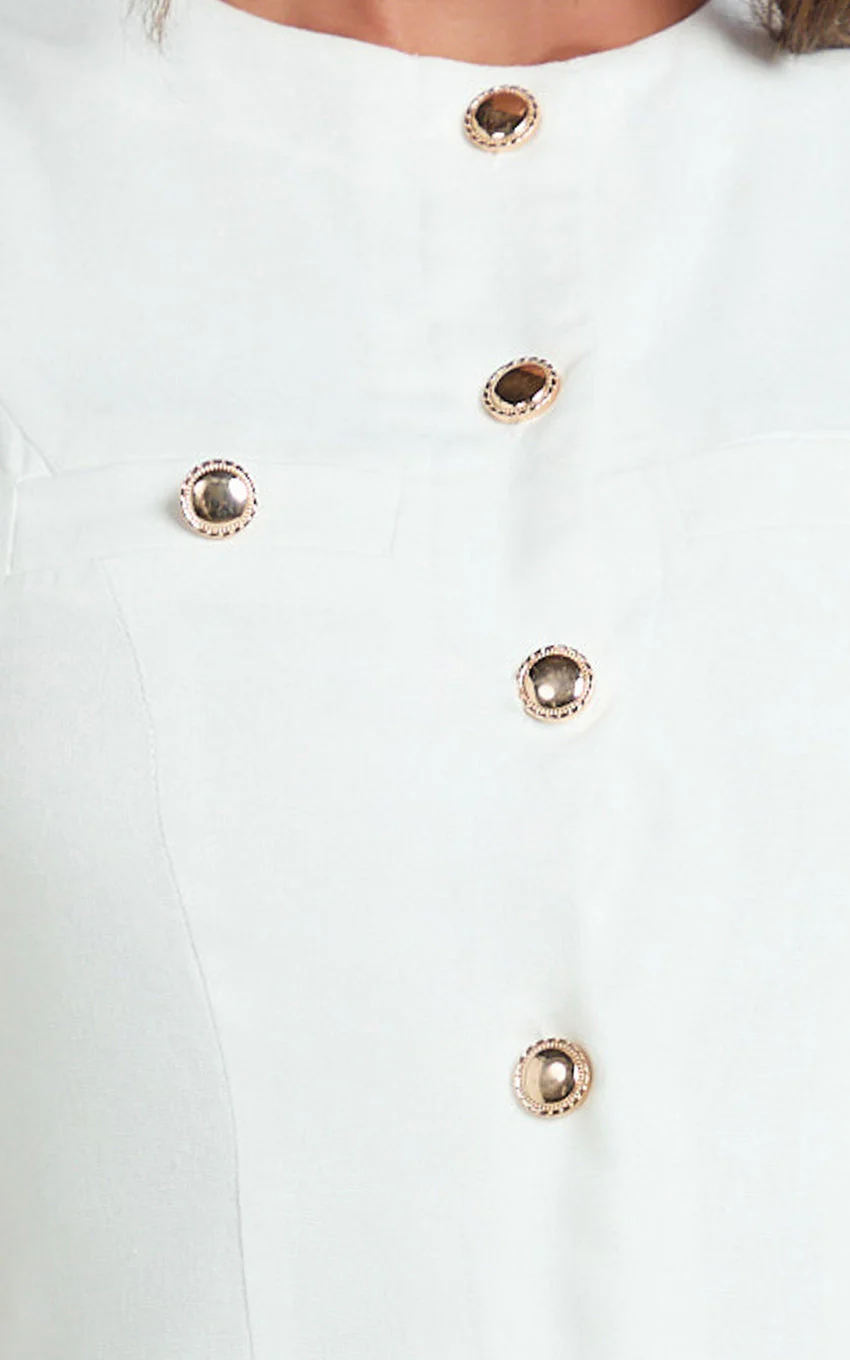 Alberta Mini Dress - Fitted Hardware Button Down Welt Pocket Dress in Off White
