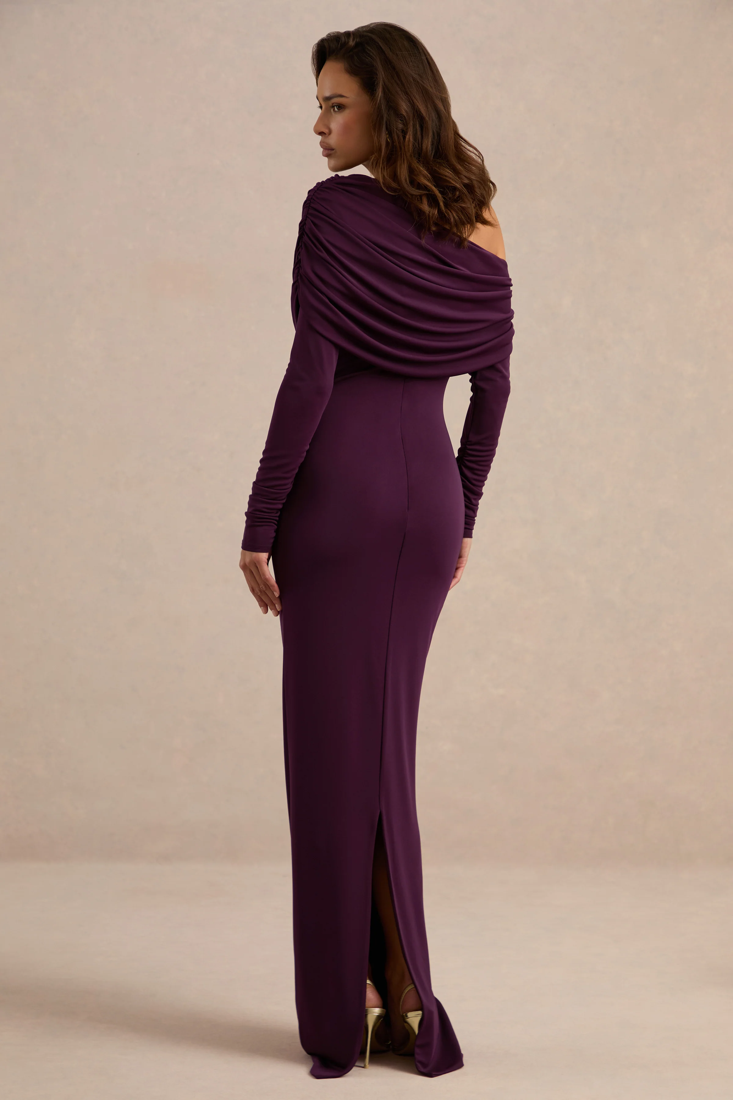 Eulalie | Purple One Shoulder Long Sleeve Maxi Dress With Ruching