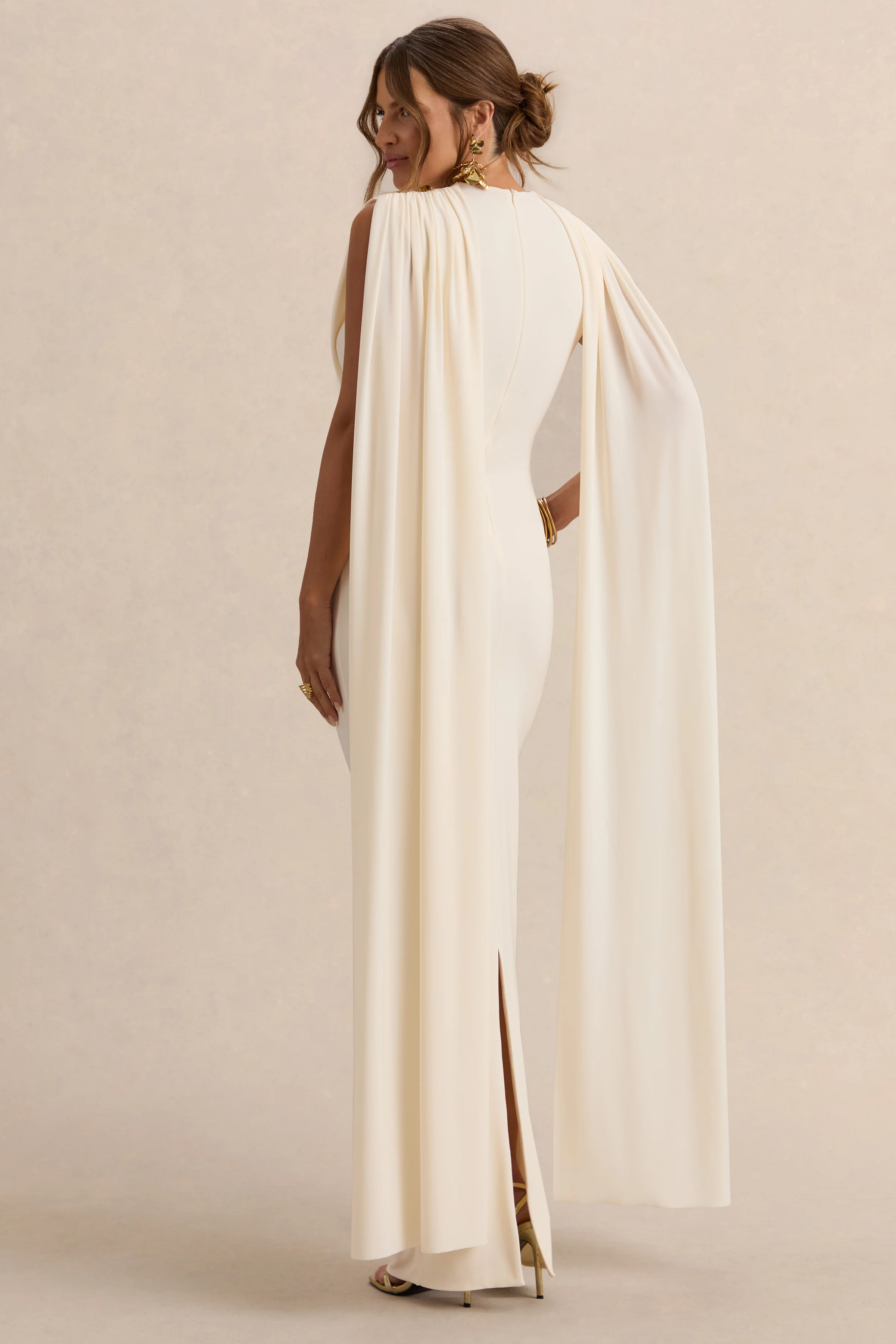 Belva | Cream Round-Neck Maternity Maxi Dress With Cape Detail
