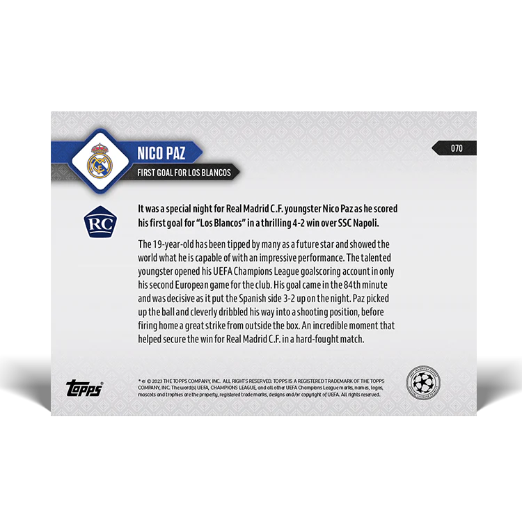 Topps UK - Nico Paz - First goal for Los Blancos - UCL TOPPS NOW® Card #70