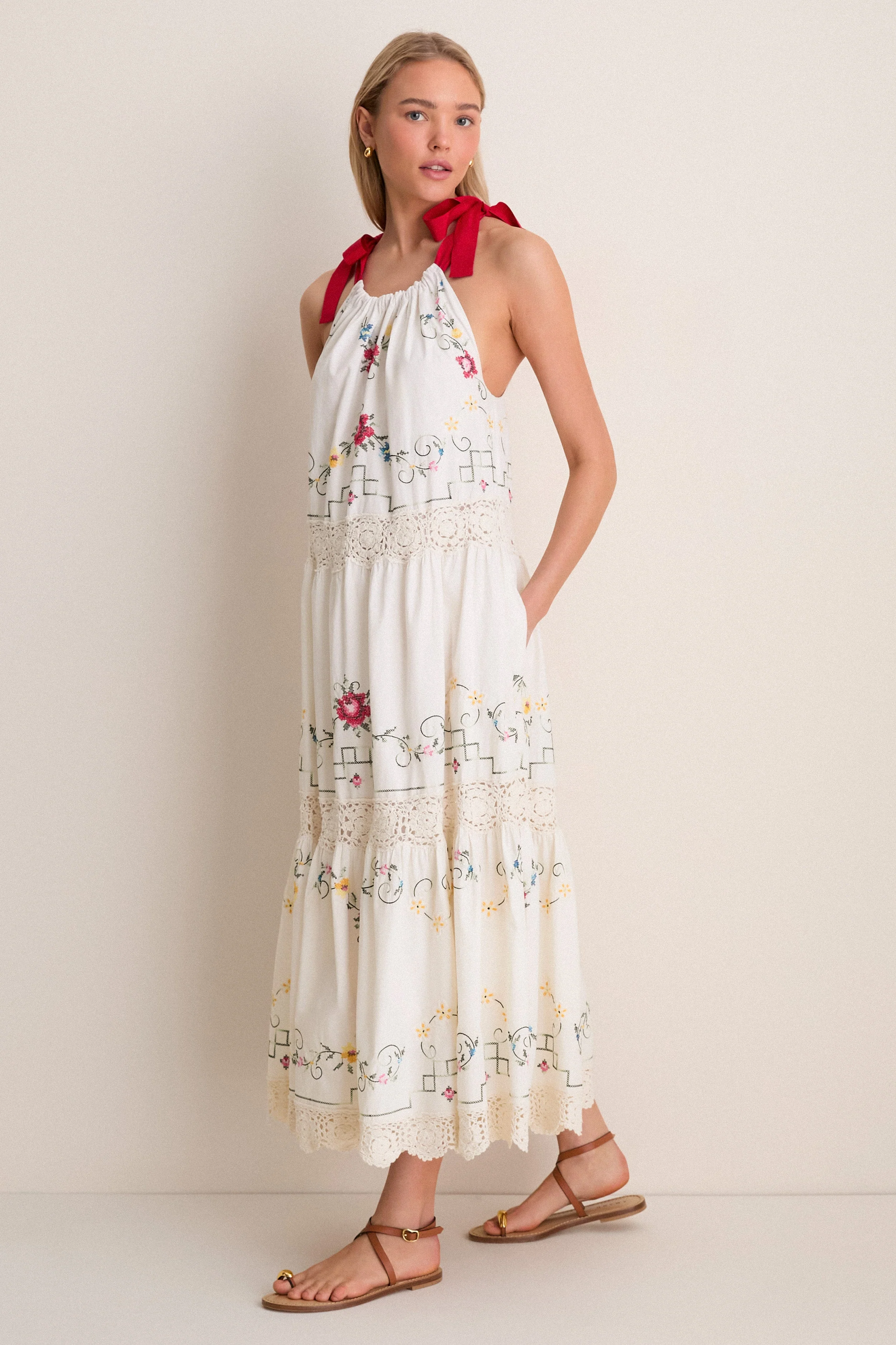 Tea Rose Embroidery Lina Midi Dress