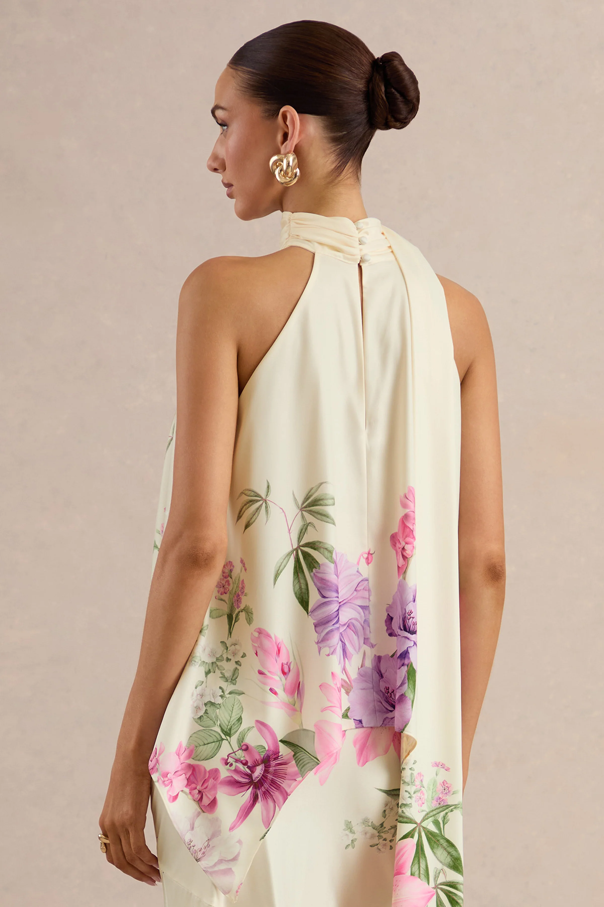 Sancelle | Cream Border Floral Print Satin High Neck Top With Ruching