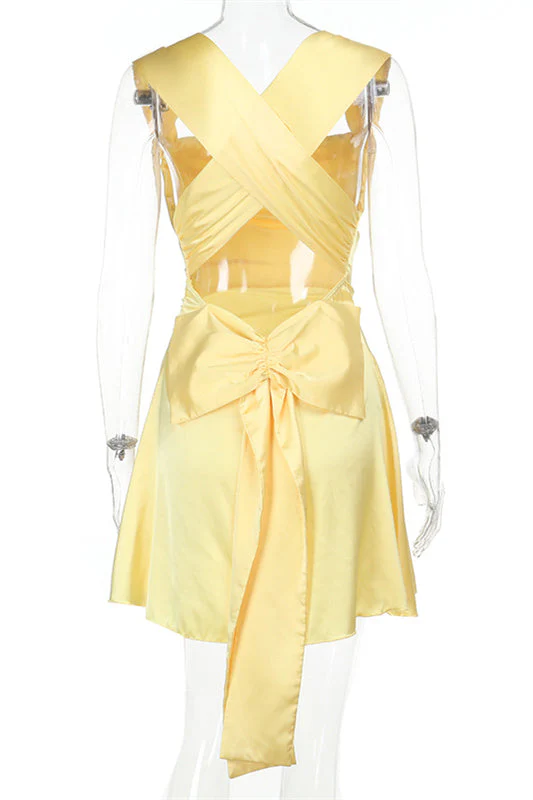 Cowl Neck Yellow Back Bow Short Dress