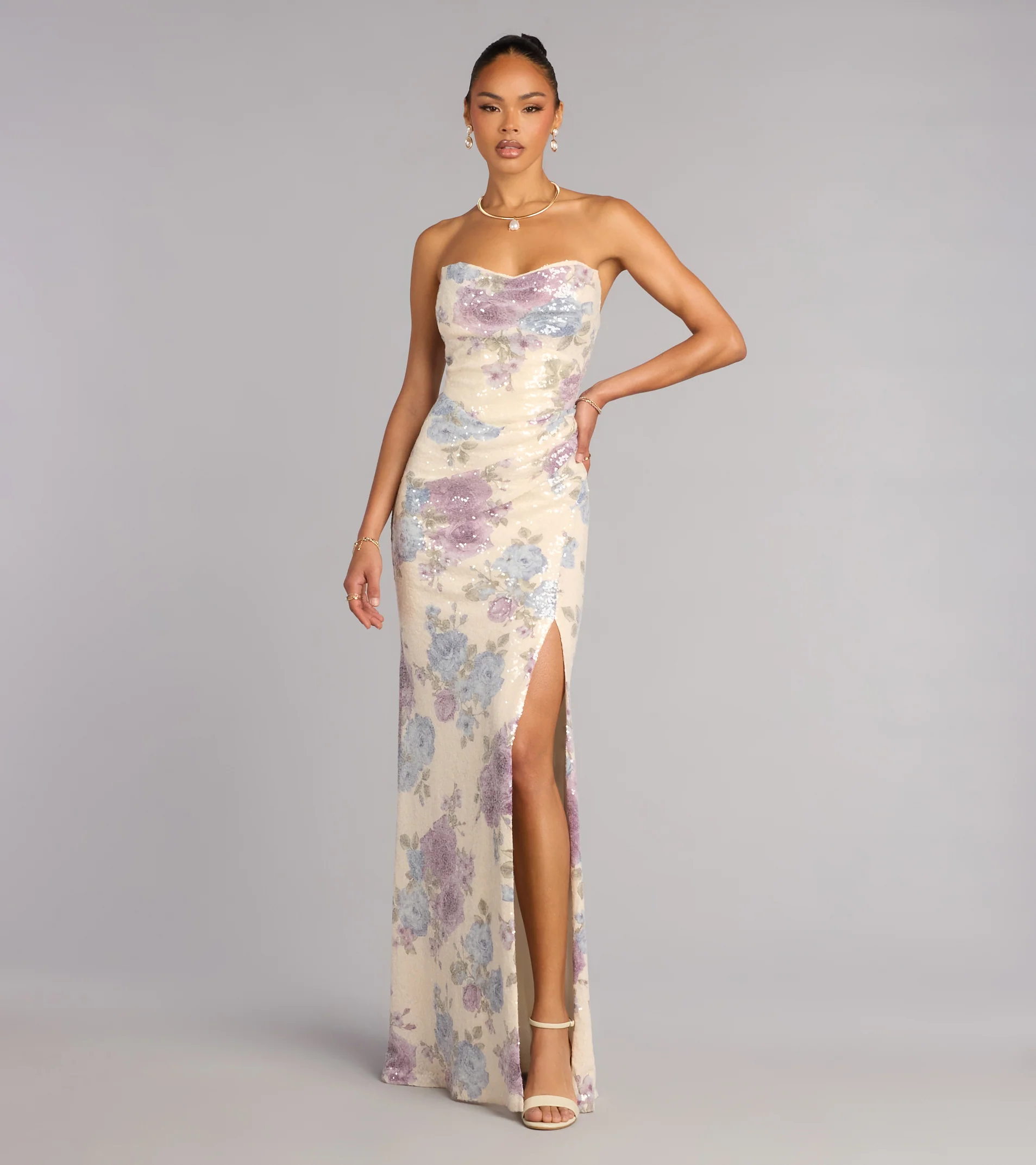 Tina Sequin Floral Slit Formal Dress