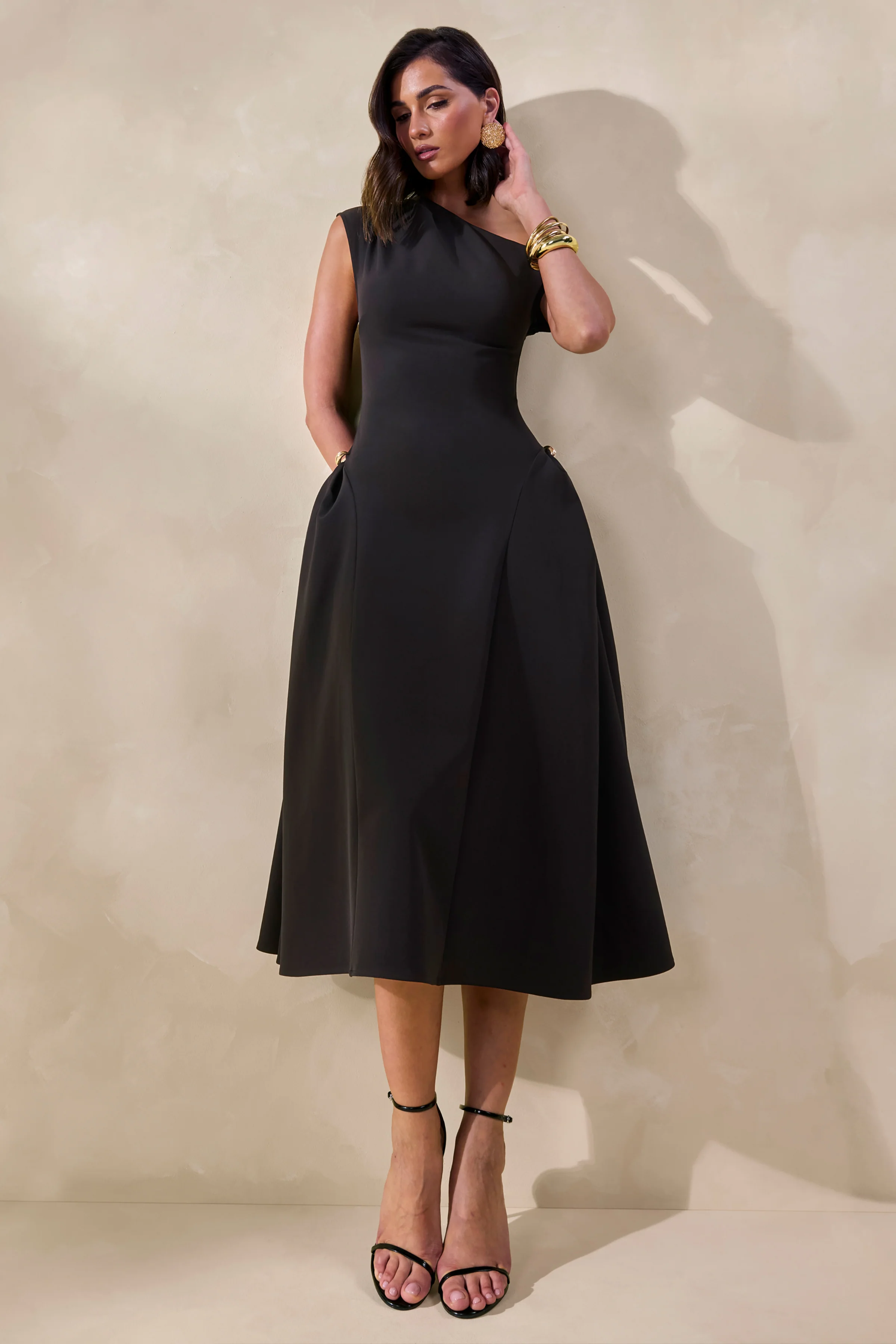 Celosia | Black Asymmetric-Neck Midi Dress With Gold-Detailing