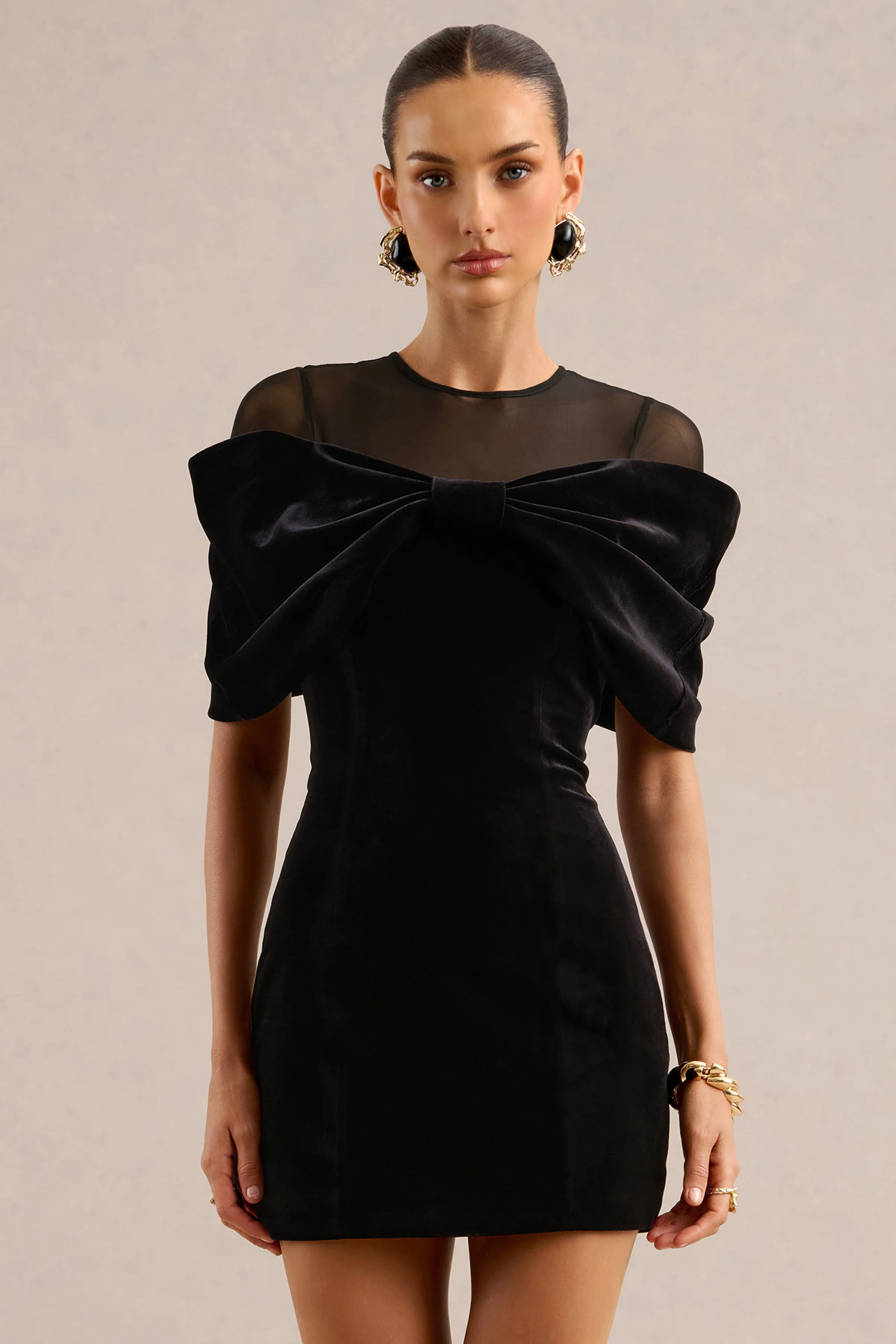 Accalia | Black Velvet Round Neck Short Sleeve Mini Dress With Mesh Panel And Bow Detail