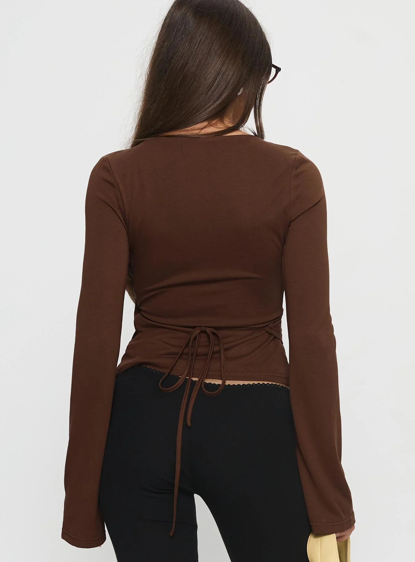 Stefanee Long Sleeve Wrap Top Brown