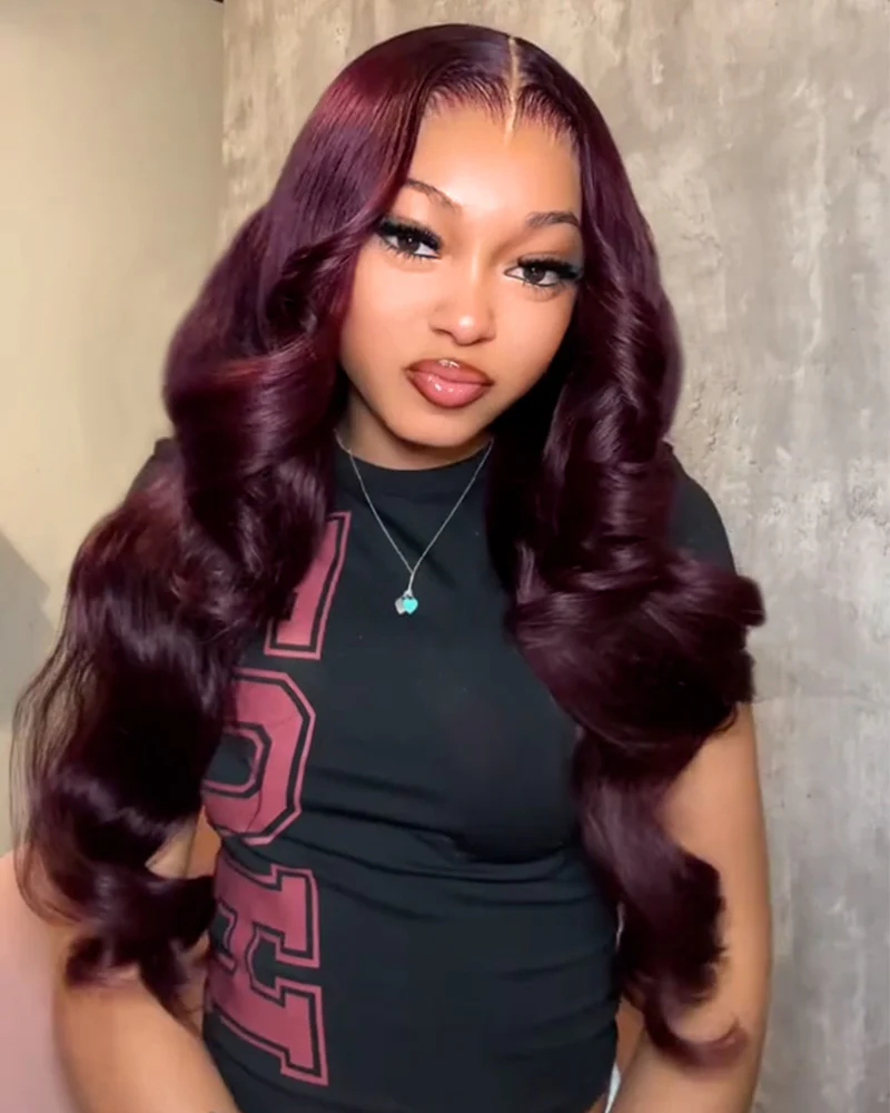 Ophirawig 13x4 Frontal Lace Dark Plum Body Wave Wig Invisible Knots Realistic Hairline