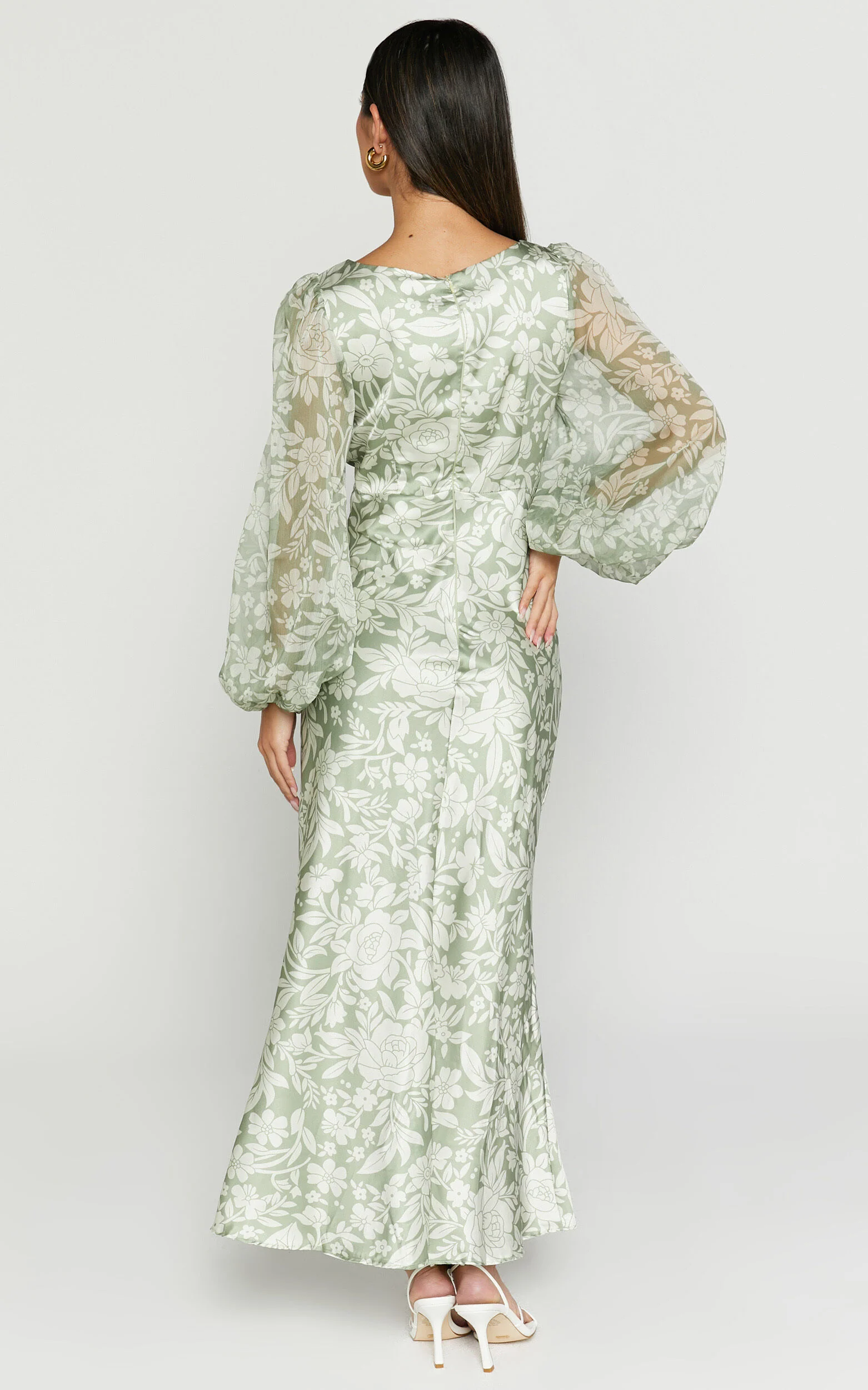 Freollyn Midi Dress - Deep V Neck Long Sleeve Dress in Sage