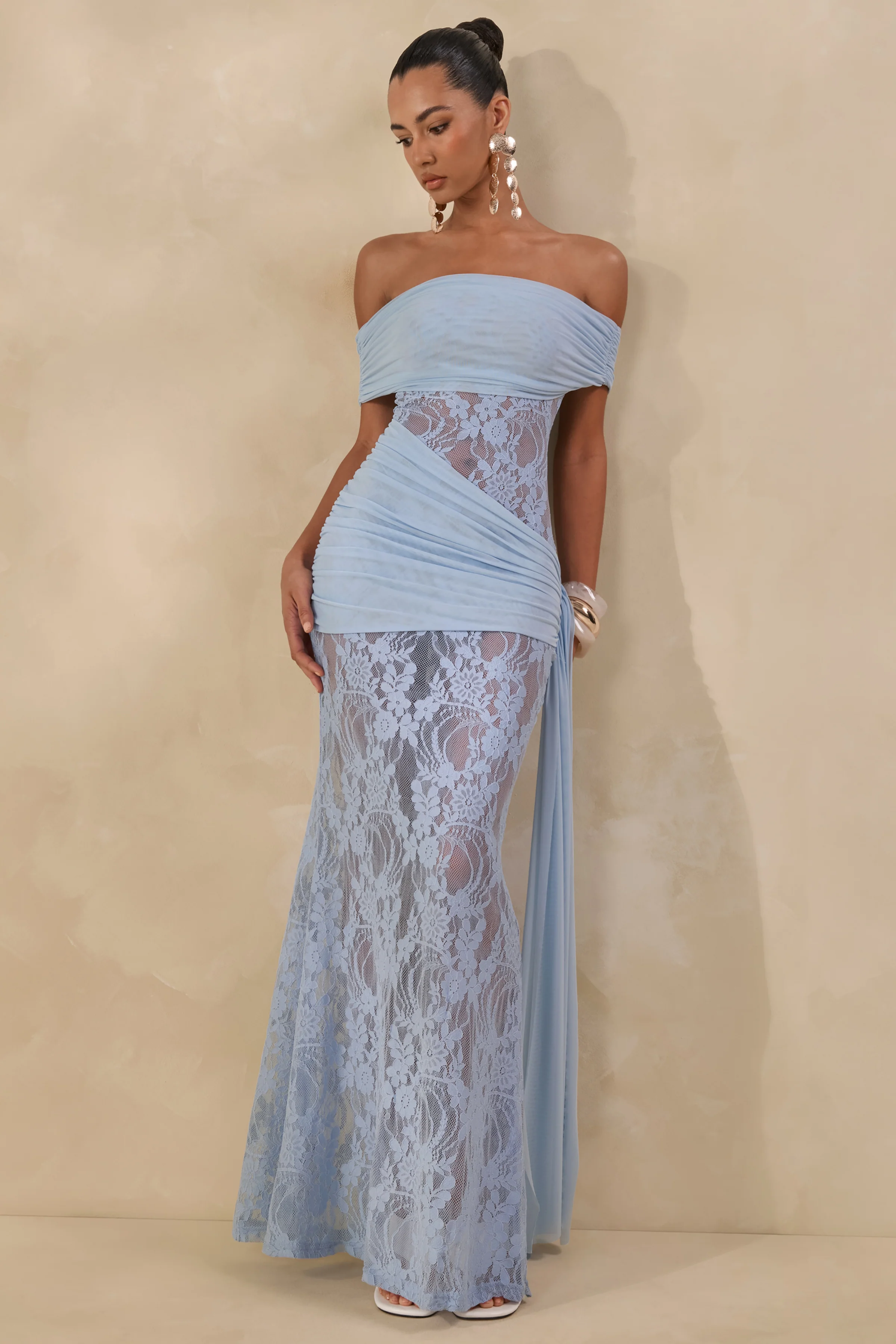 Enavine | Powder Blue Lace Bardot-Neck Maxi Dress With Gathered-Detailing And Sash