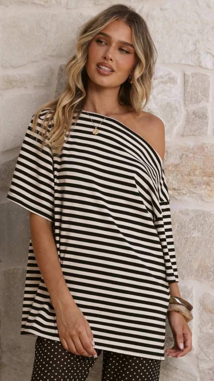 Pia One Shoulder Oversize Tee - Black/White Stripe