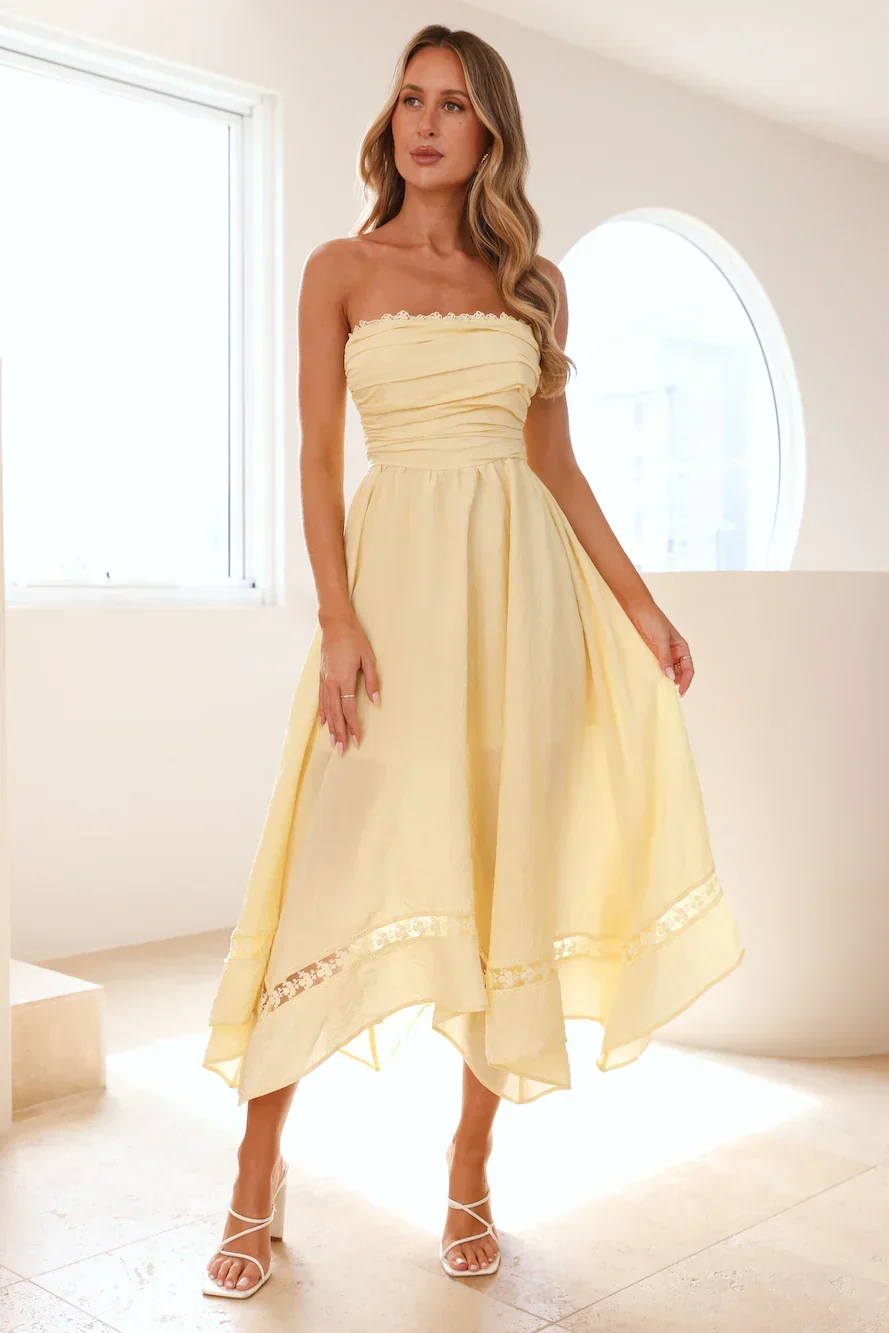 Visit The Moon Strapless Midi Dress Yellow