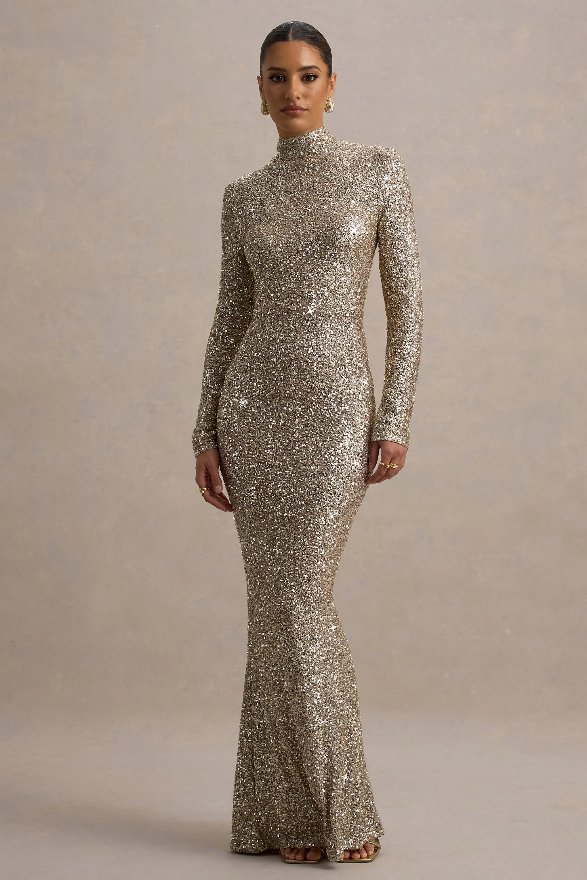 Galaxy | Champagne Sequin Turtle-Neck Long-Sleeve Maxi Dress