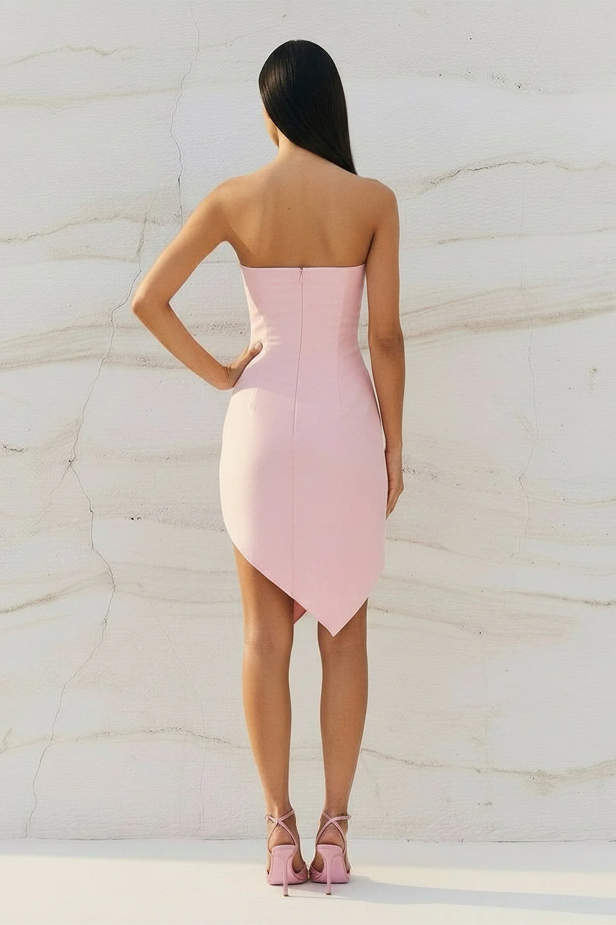 Strapless Asymmetric Hem Mini Dress in Pink