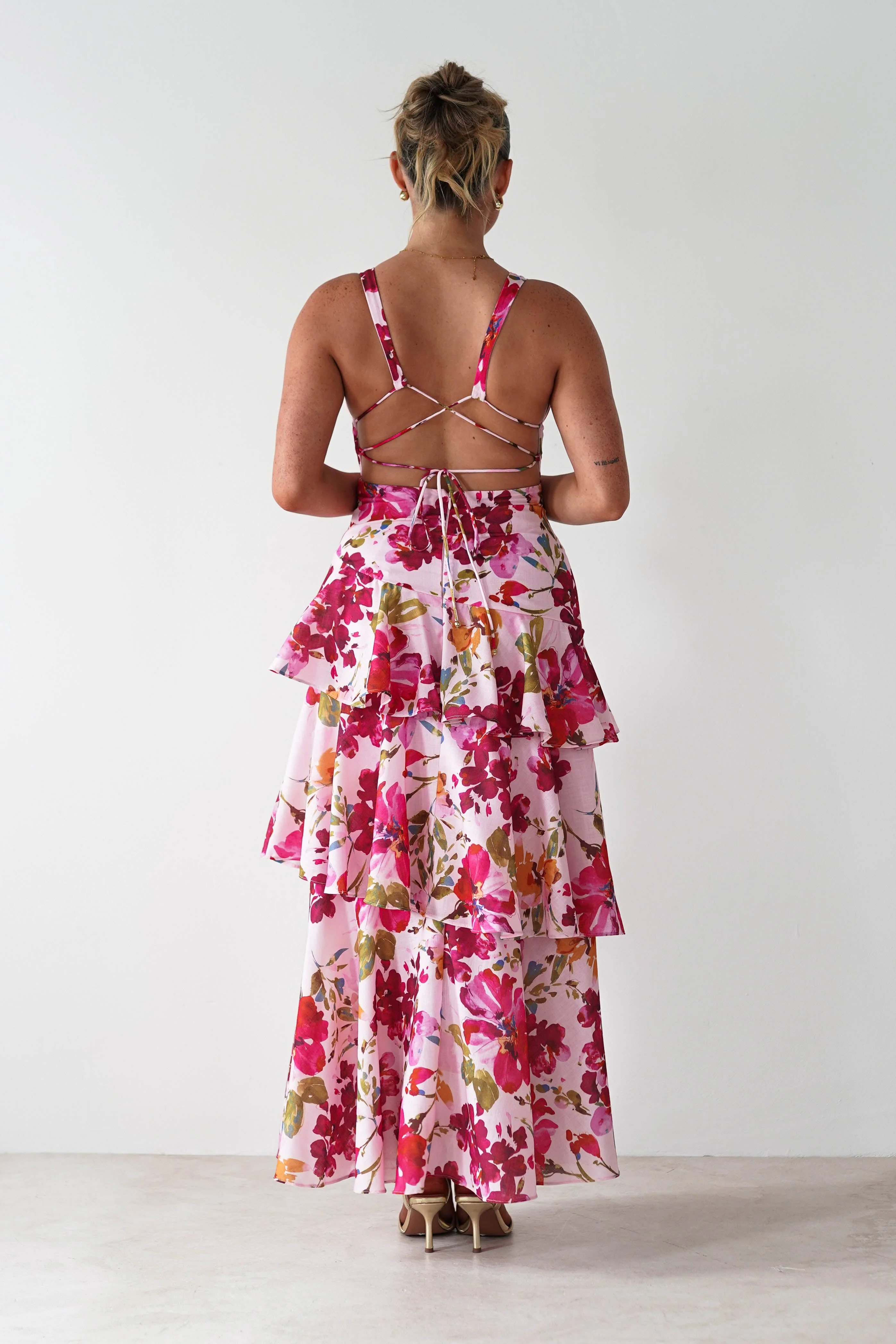 Katrina Floral Print Cotton Ruffle Maxi Dress | Pink