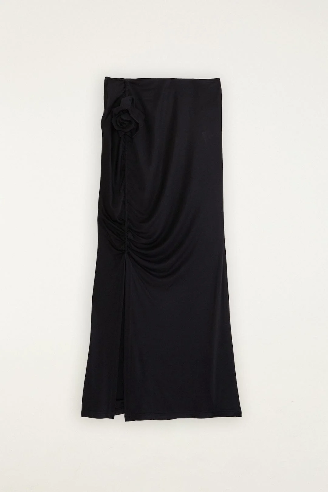 Black Flower Draped Side Slit Midi Skirt