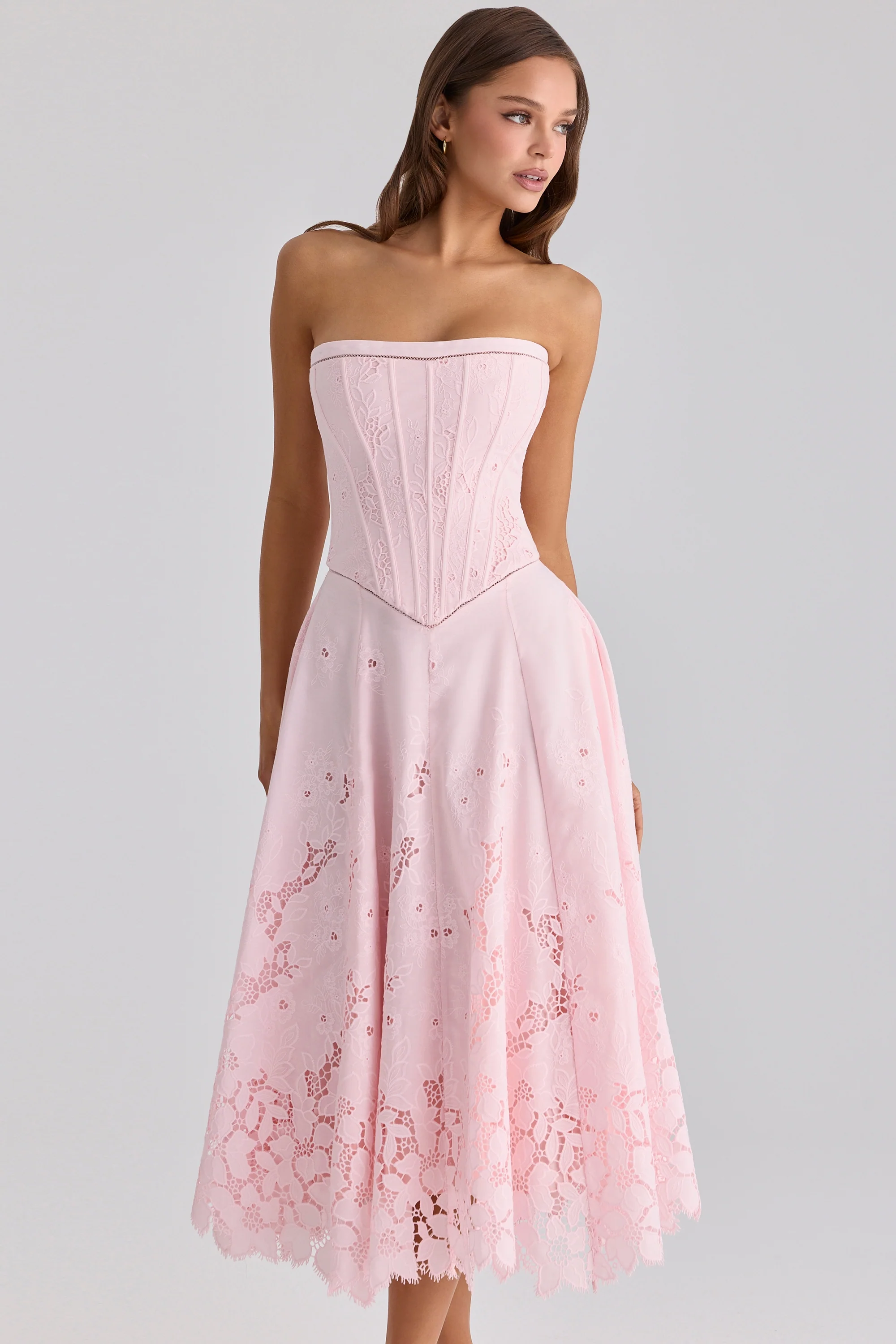 Belissa Pink Strapless Custom Lace + Broderie Anglaise Midi Dress