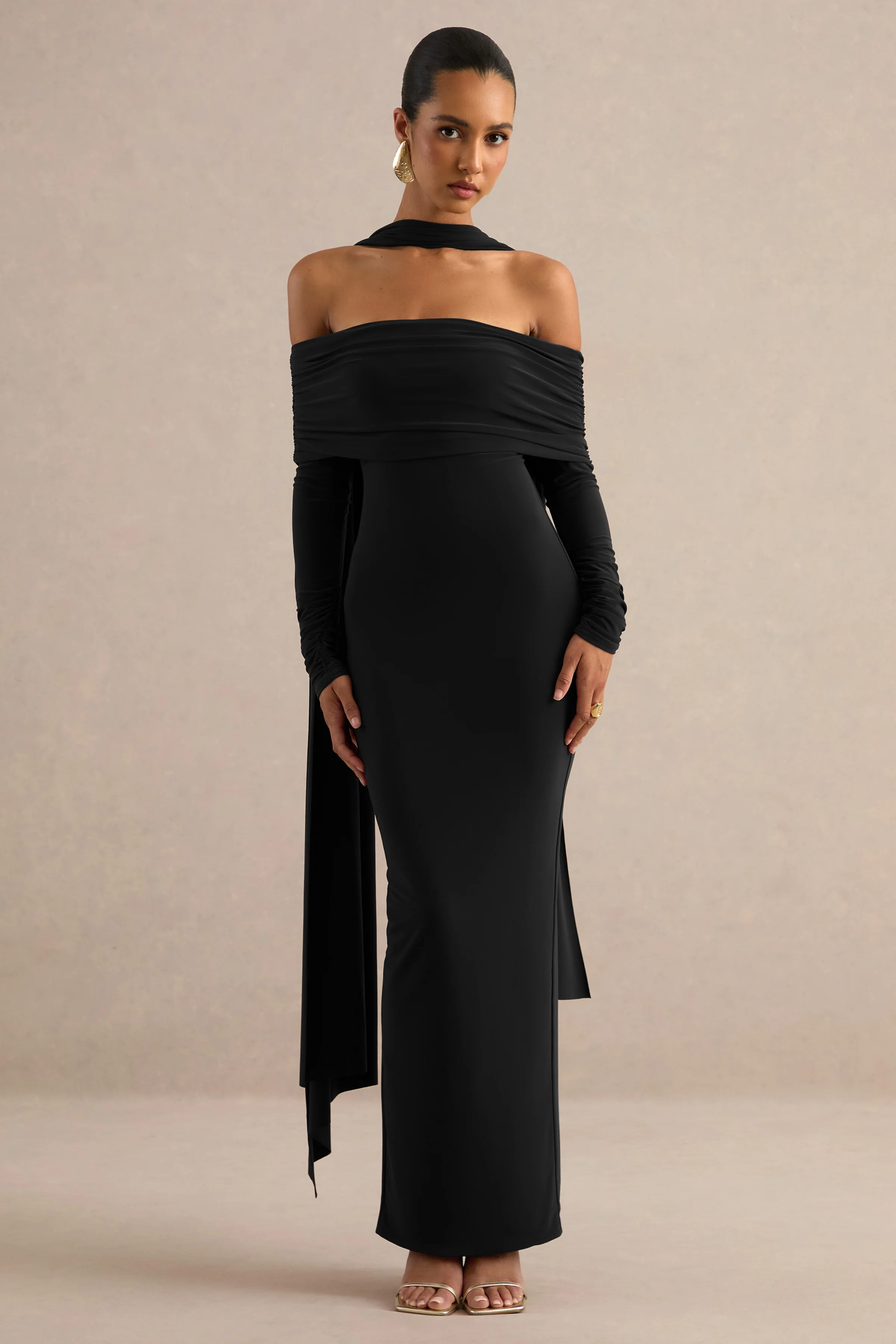Julissa | Black Jersey Ruched Bardot Long Sleeve Maxi Dress With Scarf Detail And Split