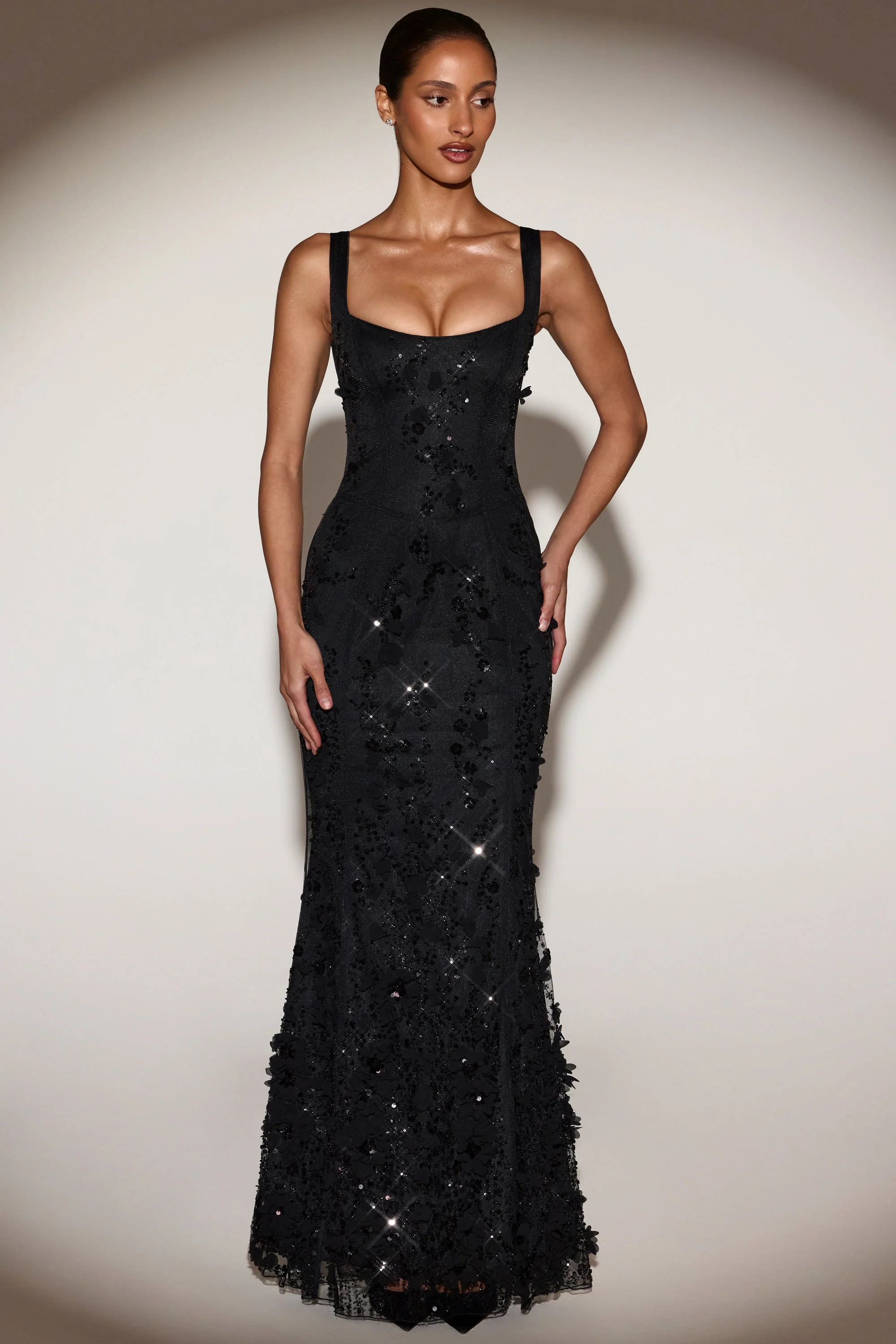 Embellished Appliqué Soft-Scoop Corset Gown in Black