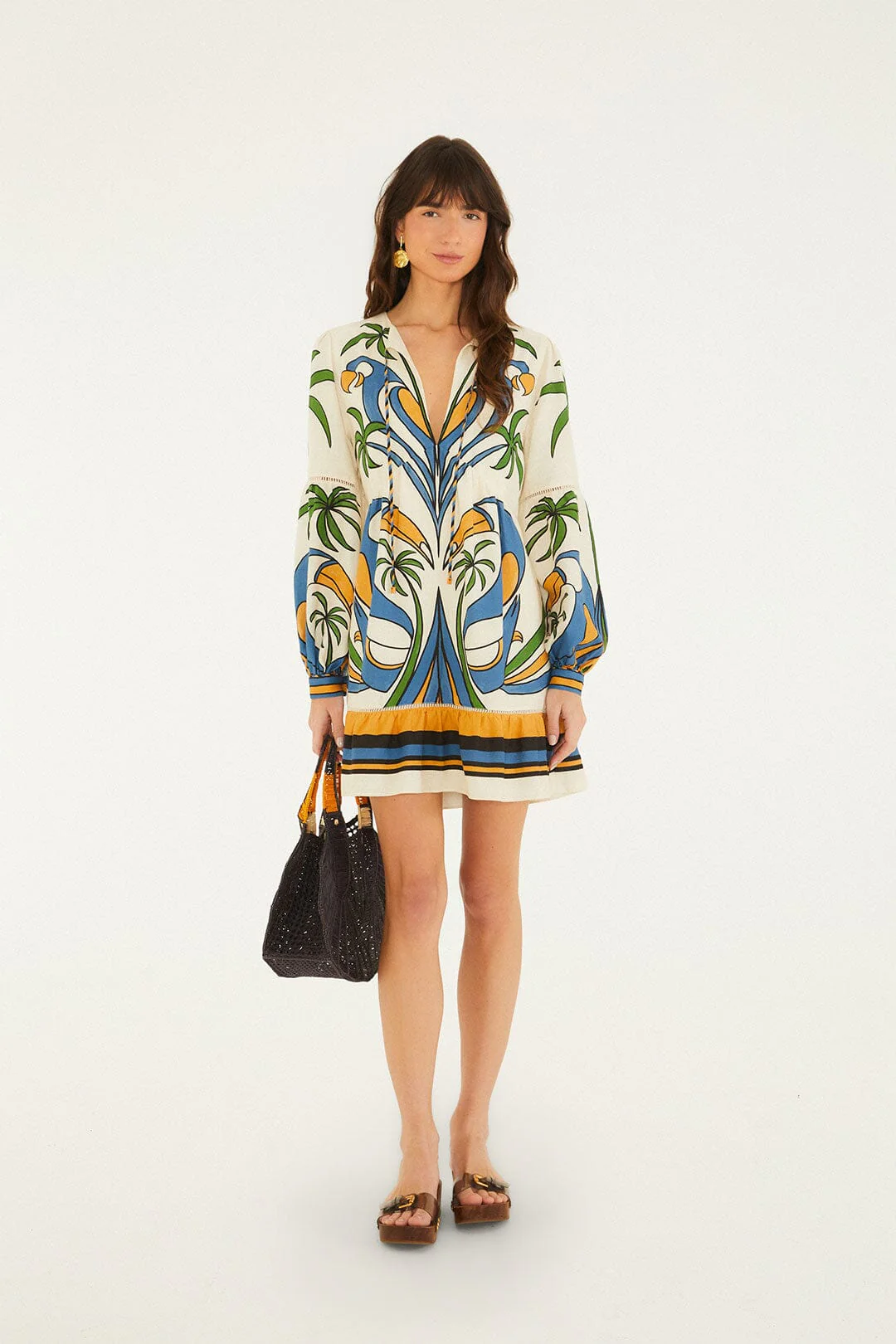 Sand Tropical Graphic Lace Ruffled Mini Dress